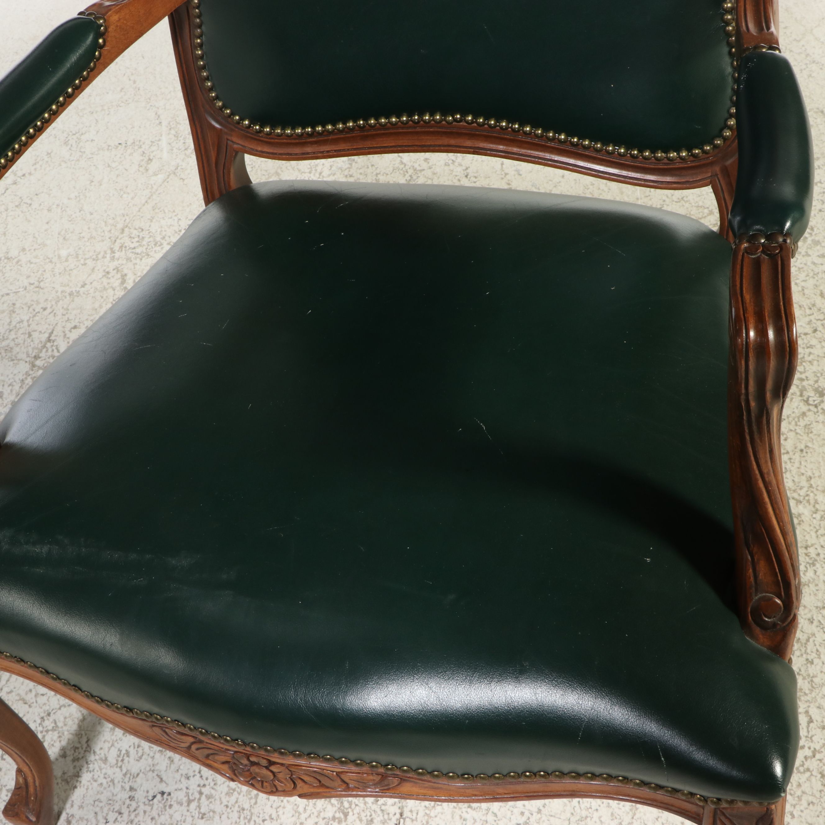 Louis XV Style Carved Beechwood and Hunter Green Leather Fauteuil