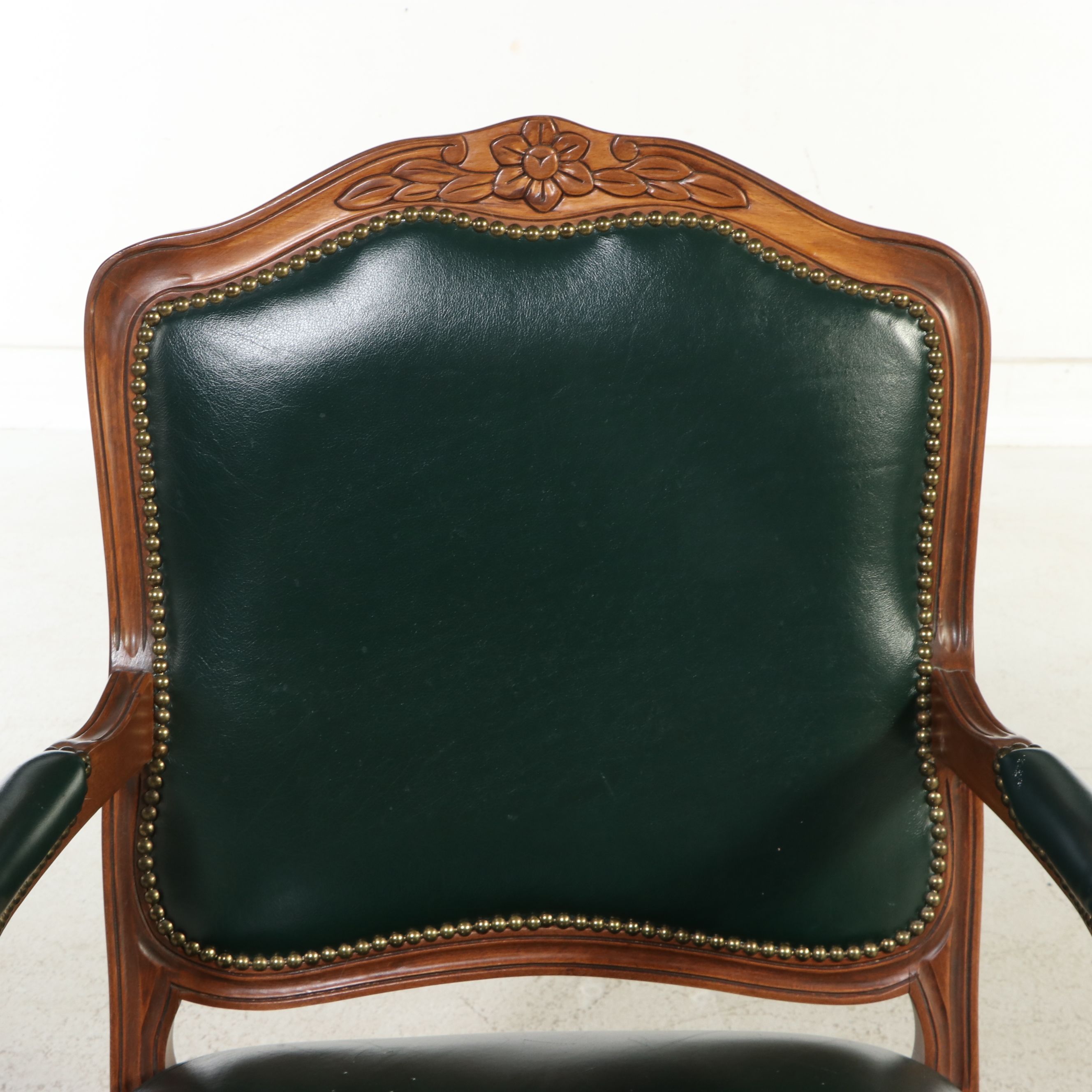 Louis XV Style Carved Beechwood and Hunter Green Leather Fauteuil