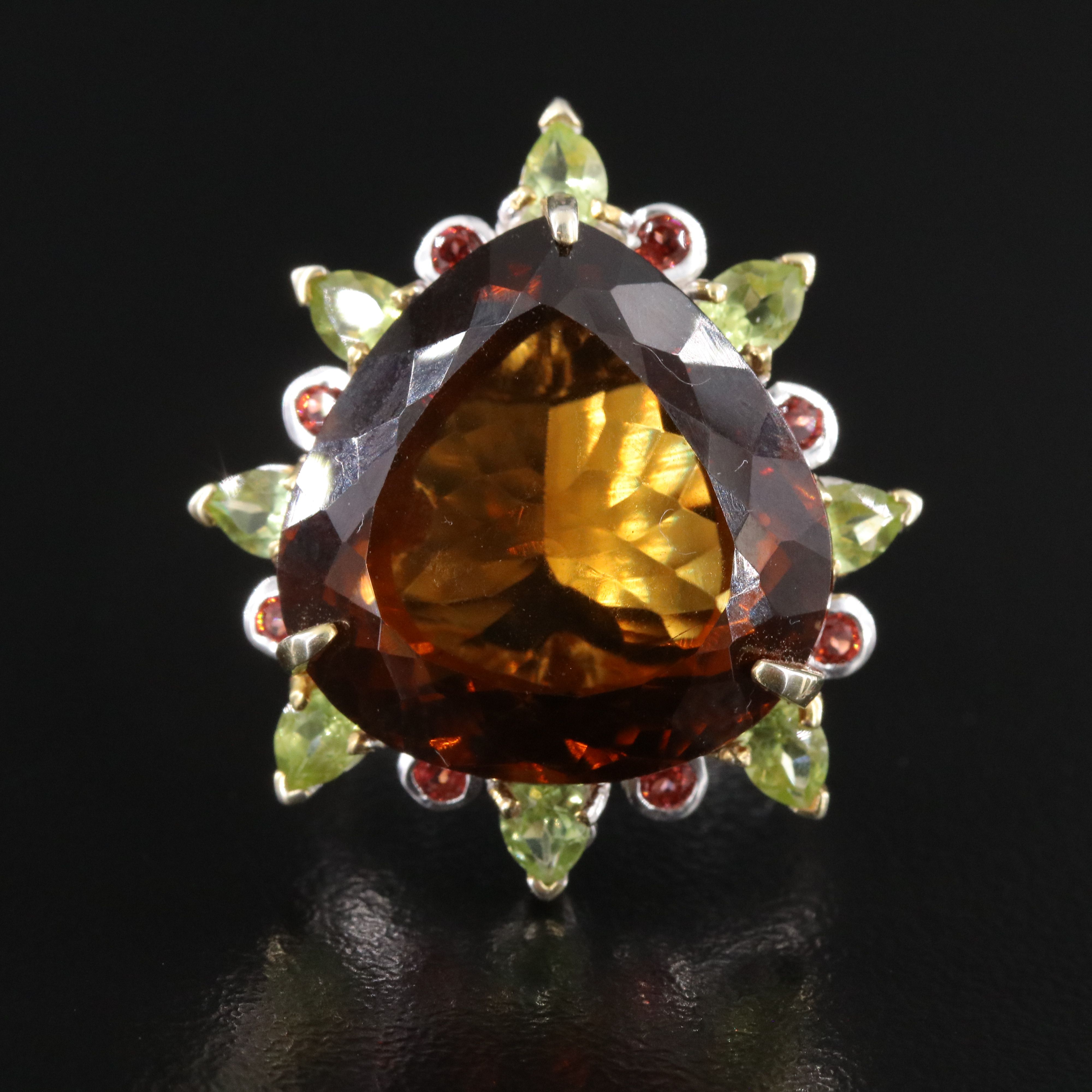 Sterling Smoky Quartz, Peridot and Tourmaline Ring