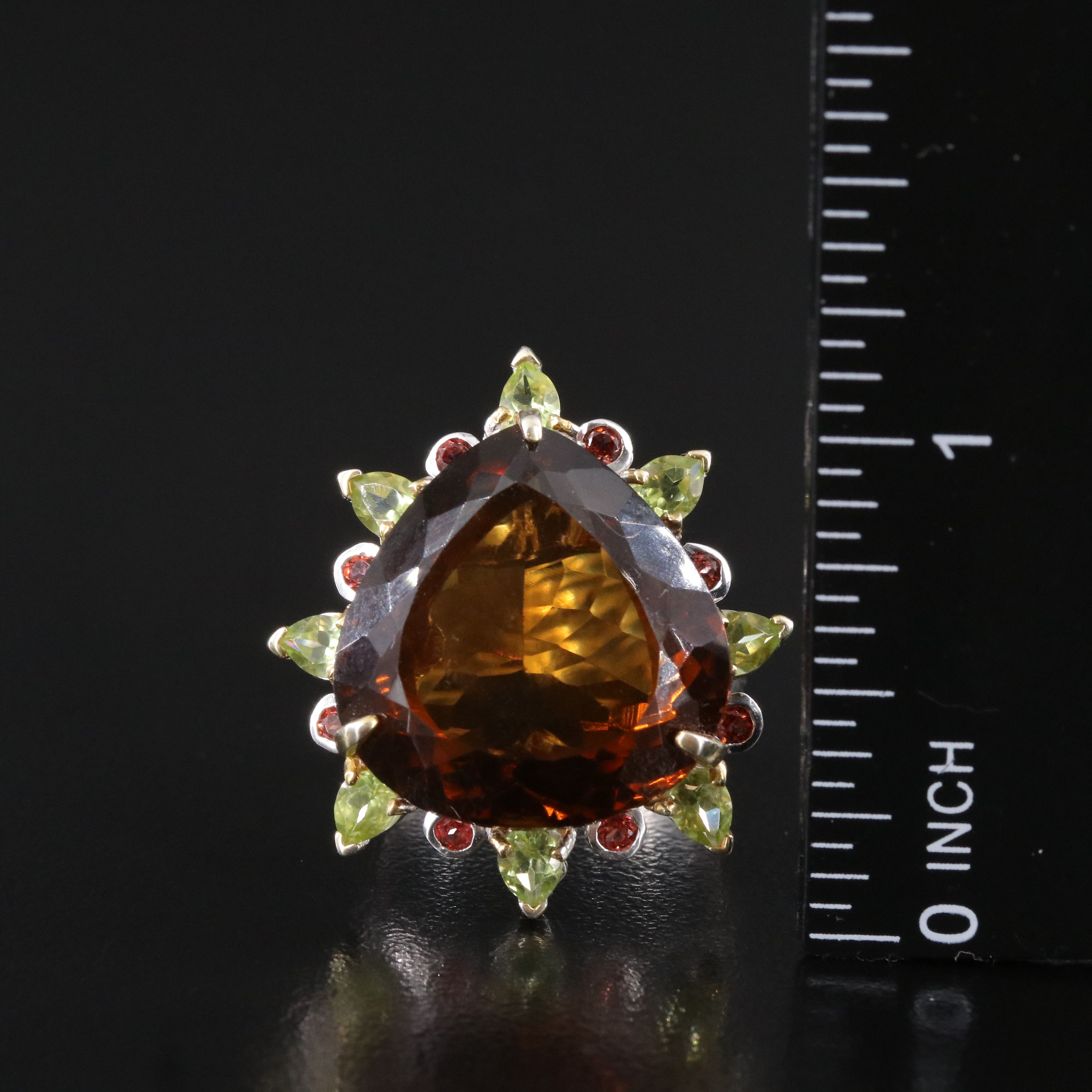 Sterling Smoky Quartz, Peridot and Tourmaline Ring
