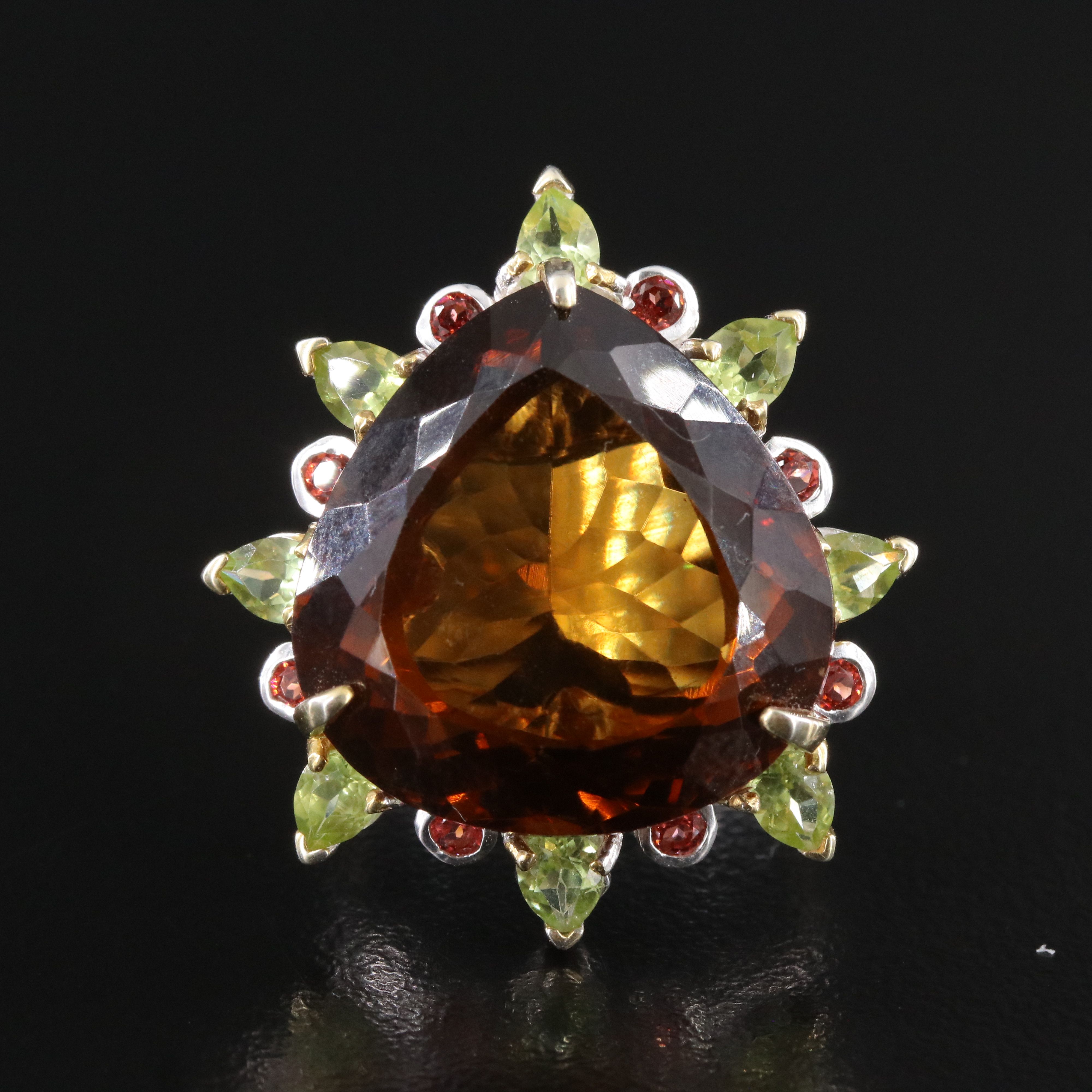 Sterling Smoky Quartz, Peridot and Tourmaline Ring