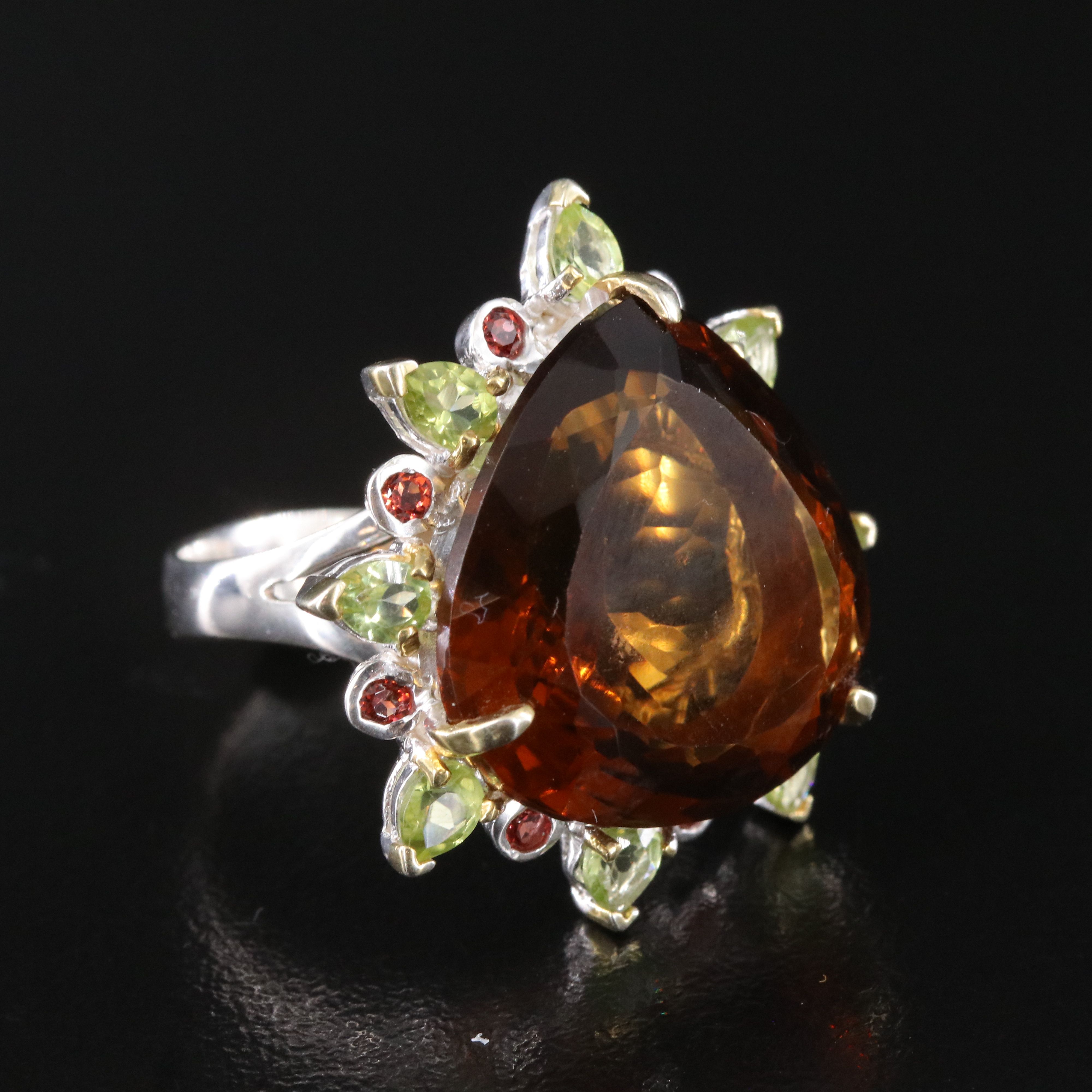 Sterling Smoky Quartz, Peridot and Tourmaline Ring