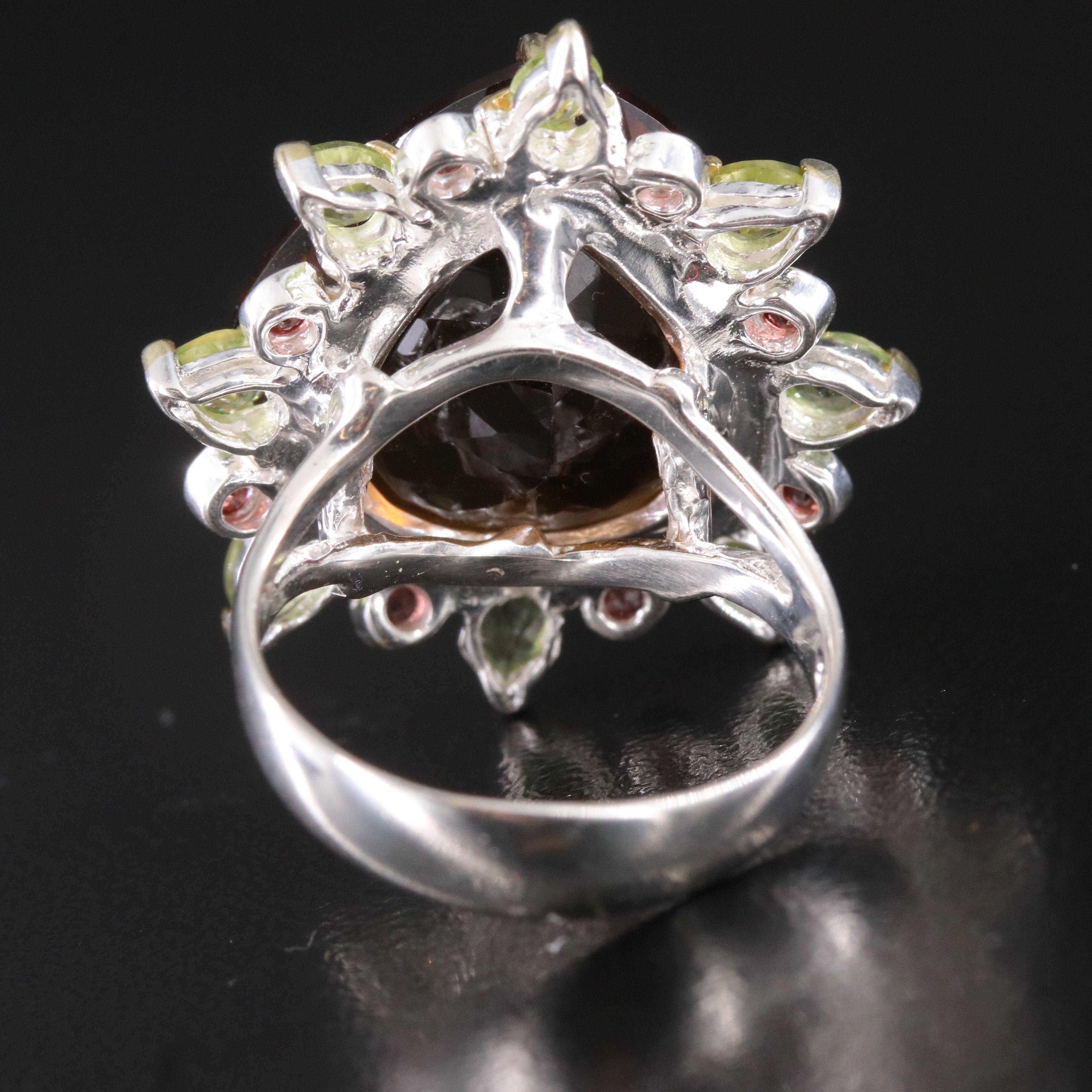 Sterling Smoky Quartz, Peridot and Tourmaline Ring
