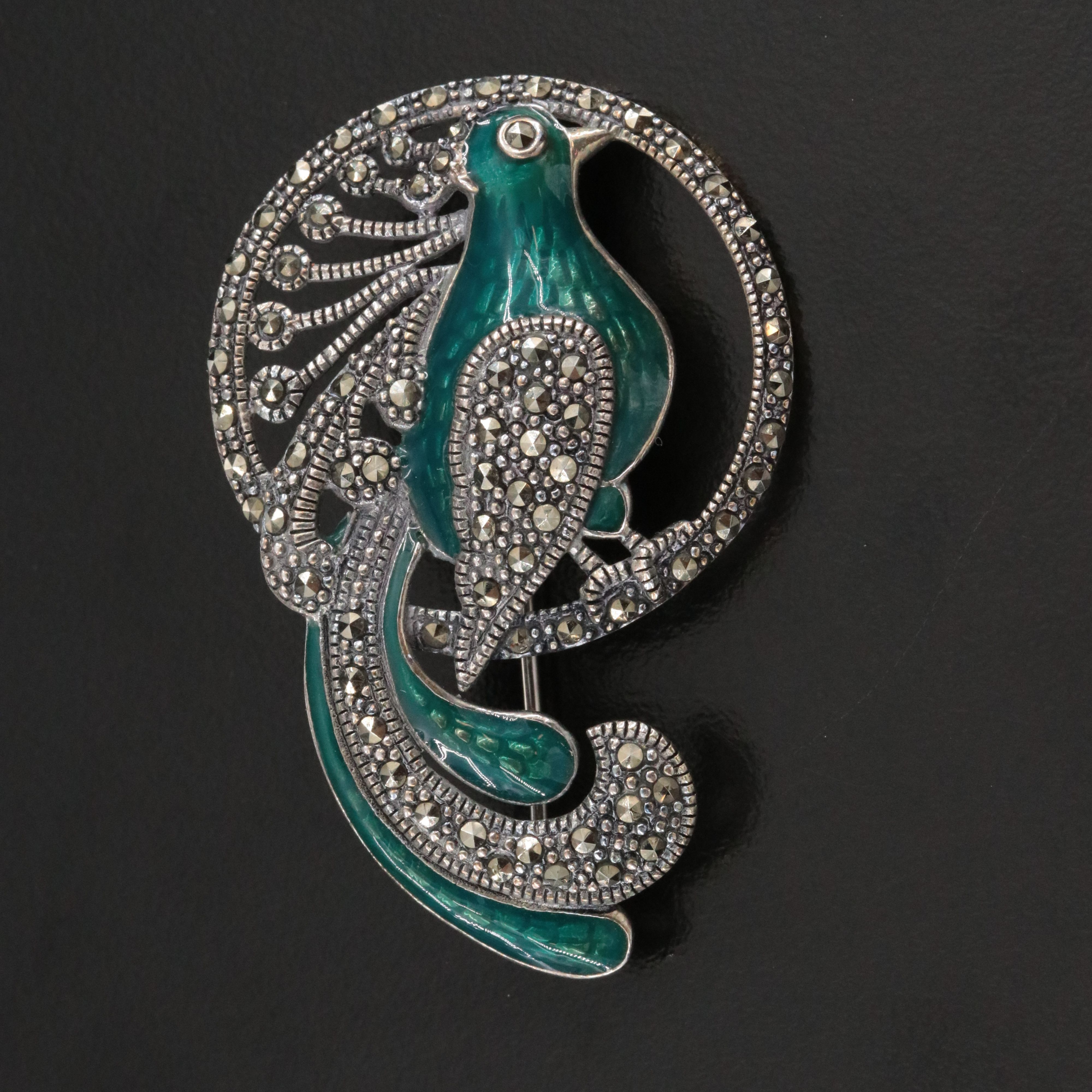 Sterling Marcasite and Enamel Peacock Brooch