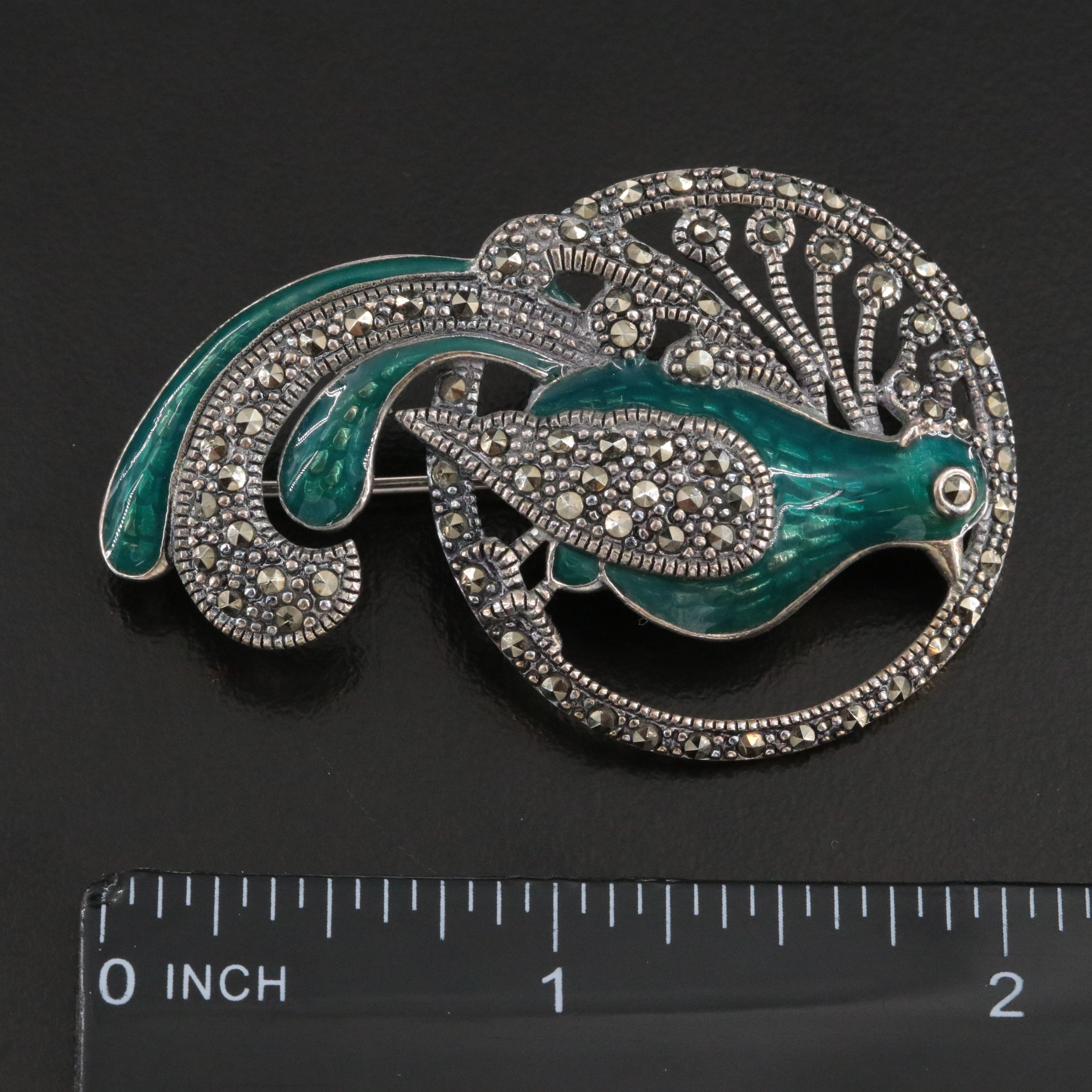 Sterling Marcasite and Enamel Peacock Brooch