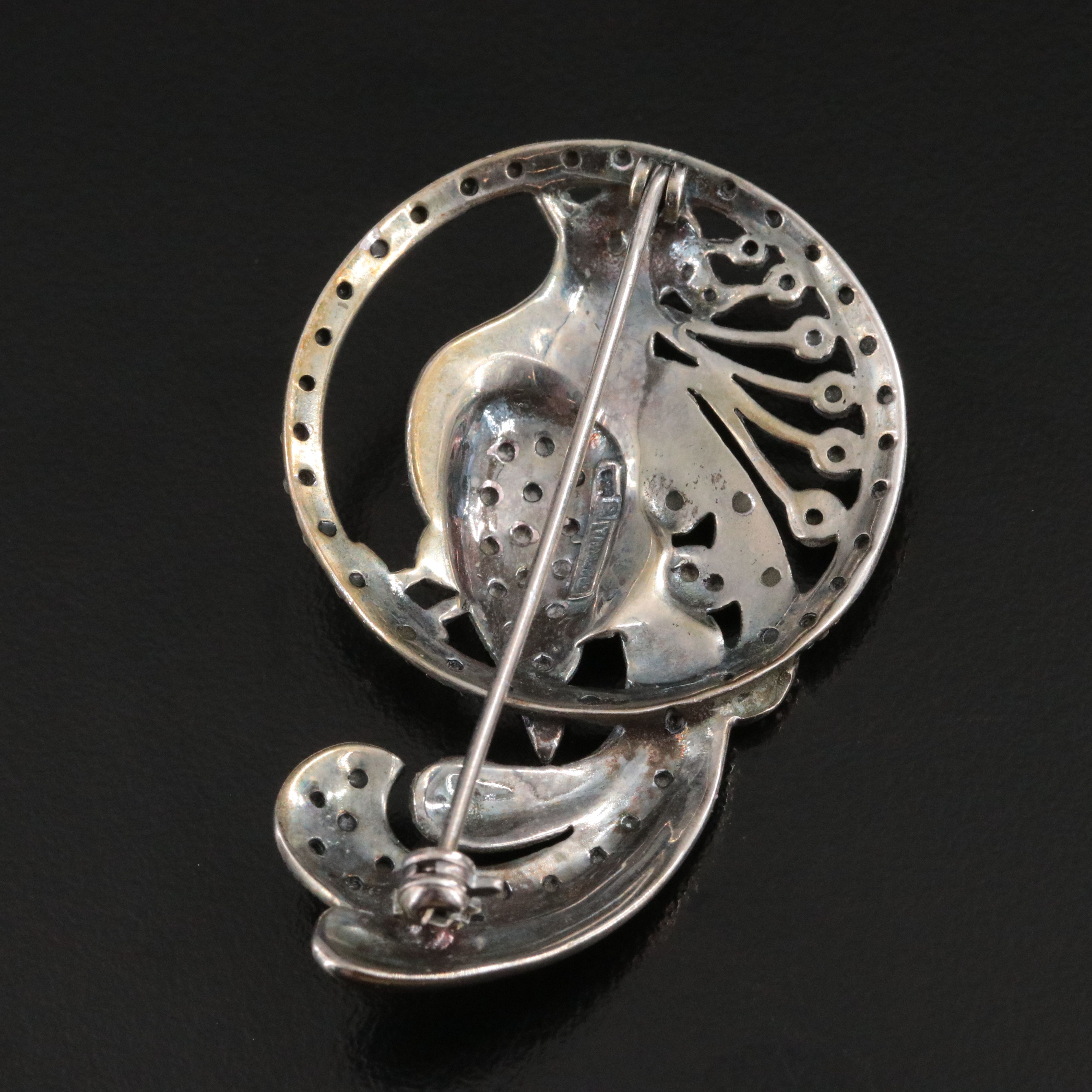 Sterling Marcasite and Enamel Peacock Brooch