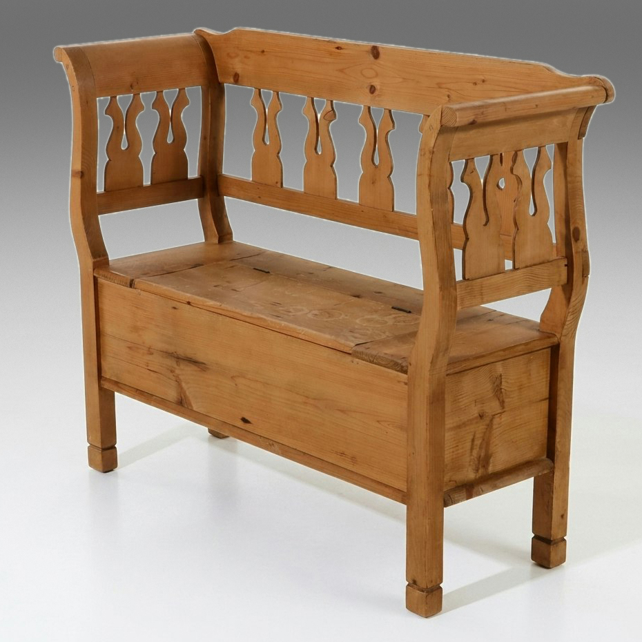Pine Settle Bench with Storage Base and Fretwork Splats, Late 19th/Early 20th C.