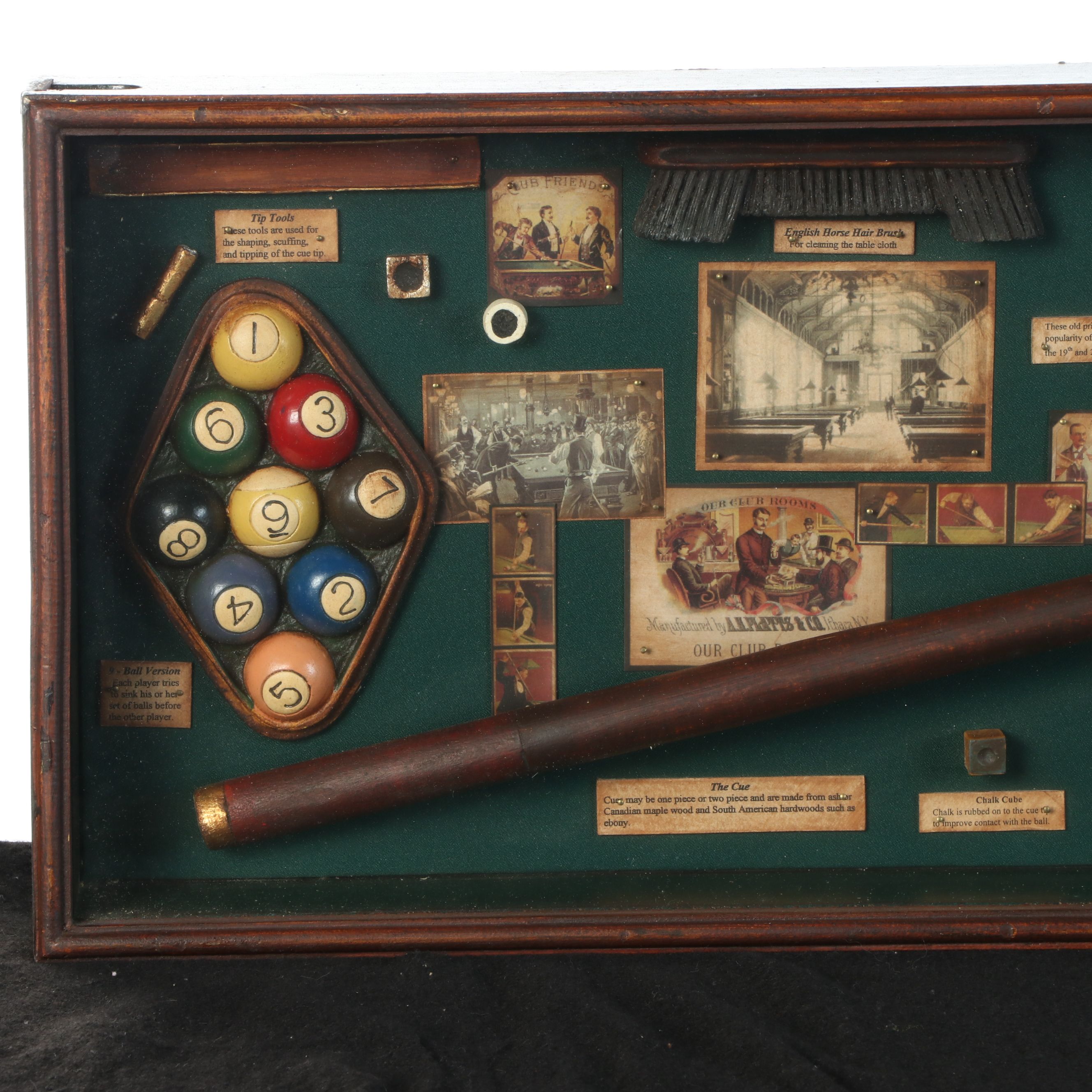 Pool Hall Display "Billiards History" Assemblage Shadow Box