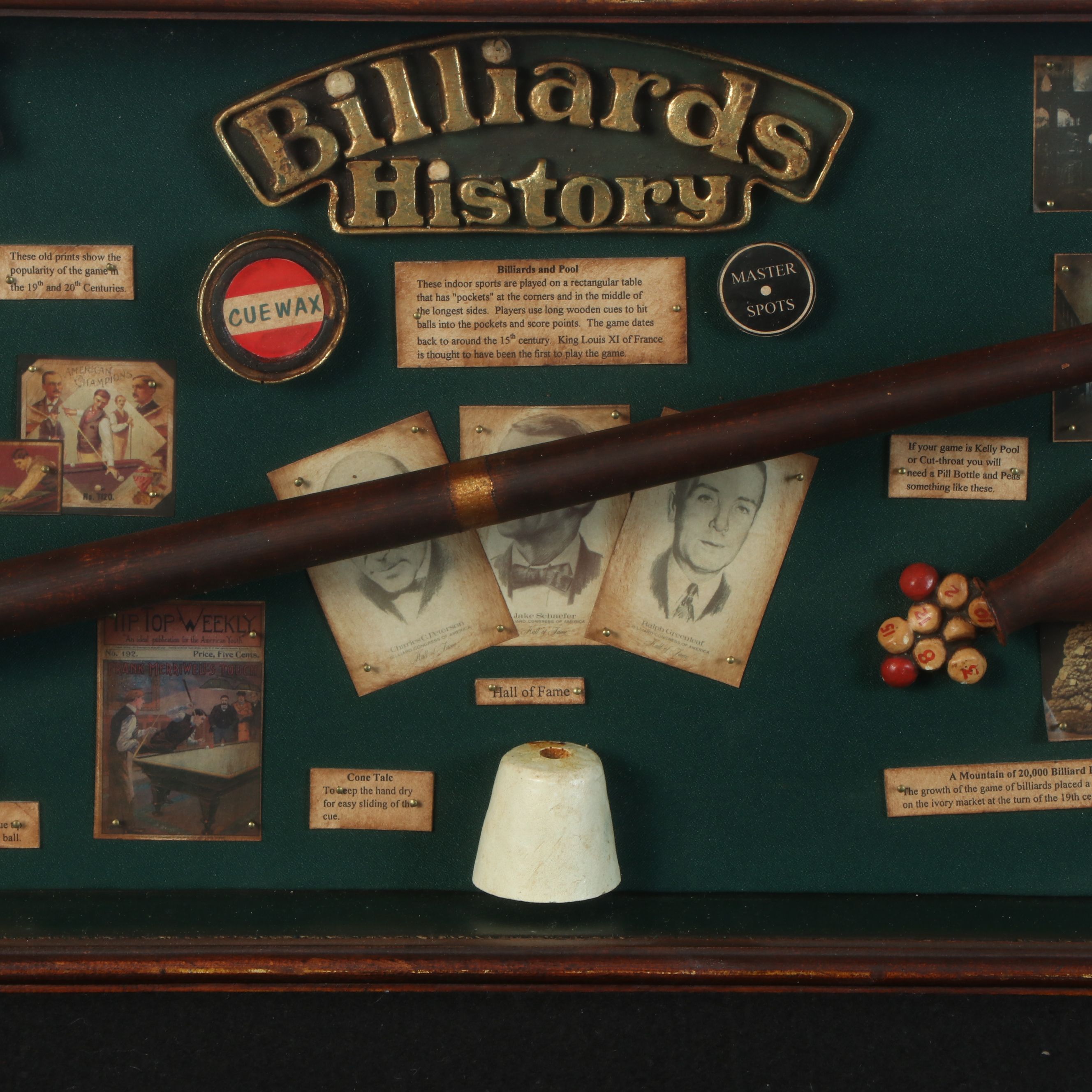 Pool Hall Display "Billiards History" Assemblage Shadow Box
