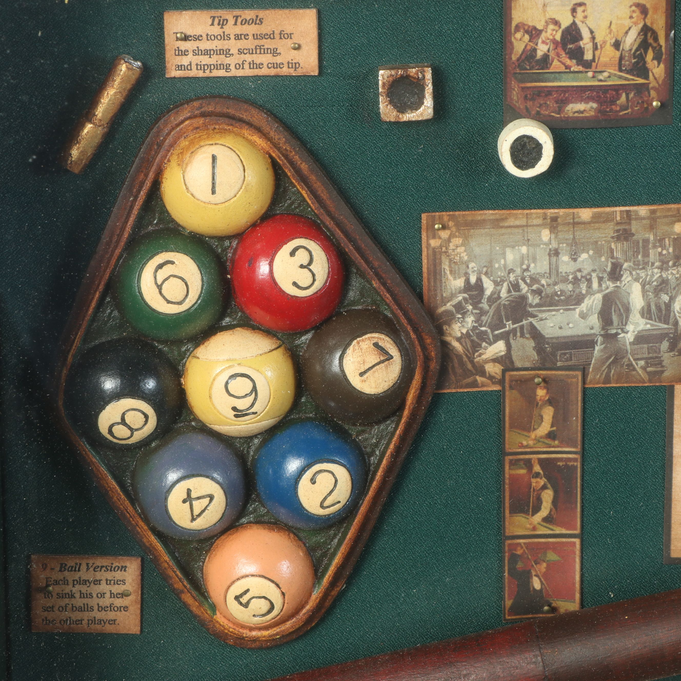 Pool Hall Display "Billiards History" Assemblage Shadow Box