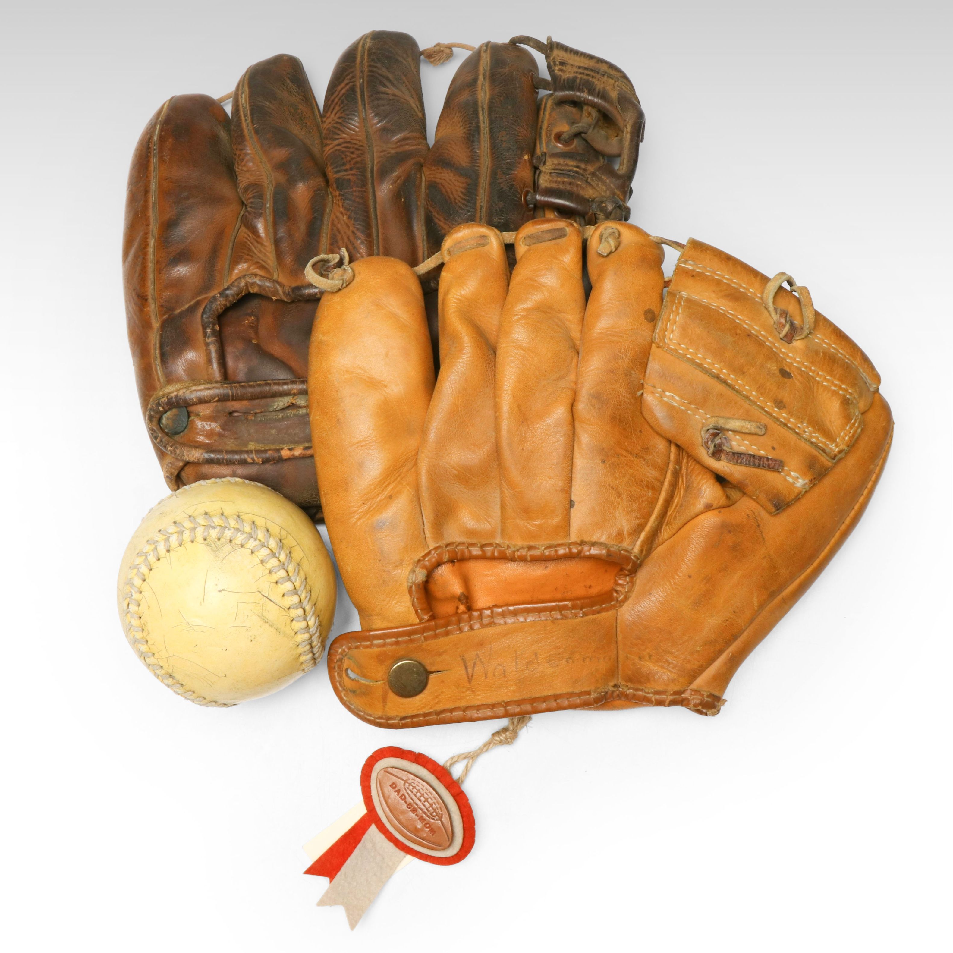 J.C. Higgins and Rawlings Baseball Gloves with Felt Ribbon and Vintage Baseball