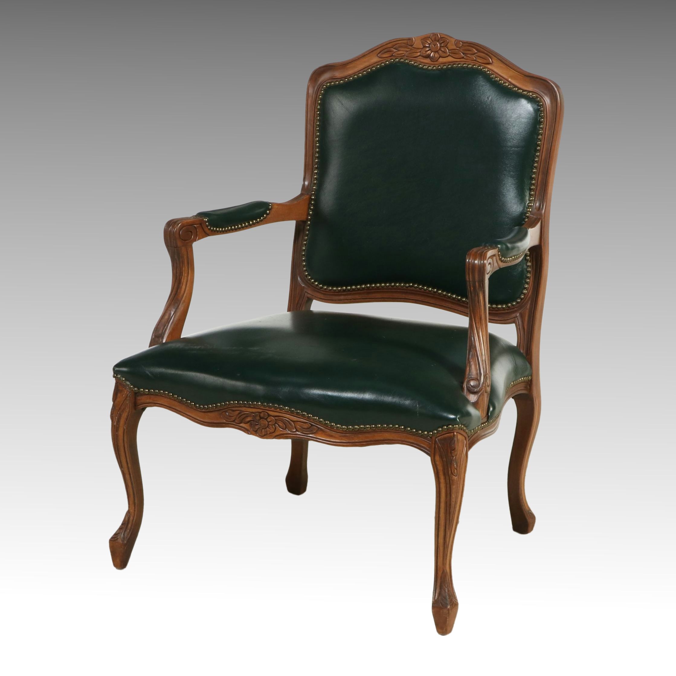 Louis XV Style Carved Beechwood and Hunter Green Leather Fauteuil