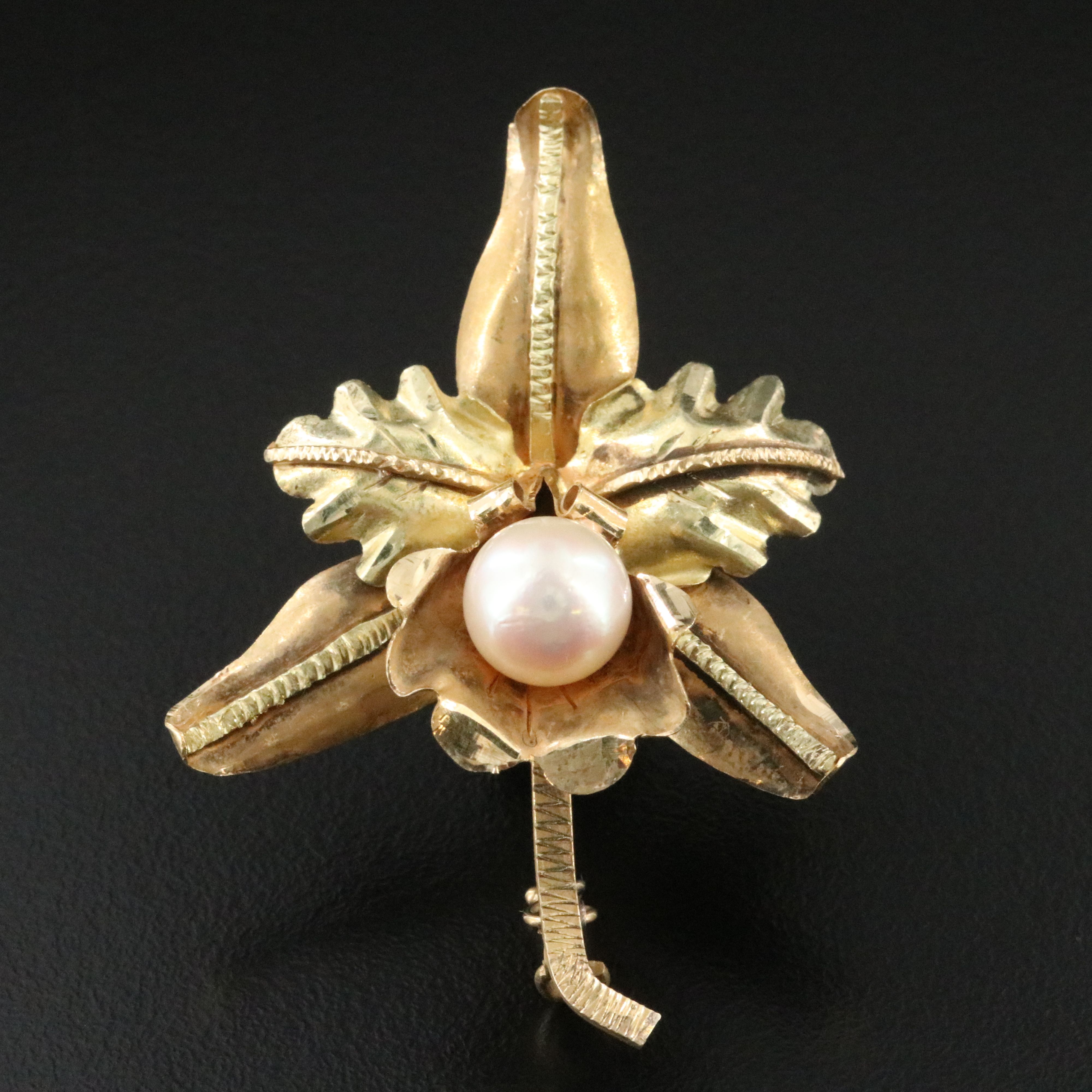 18K Pearl Cattleya Orchid Brooch Vintage