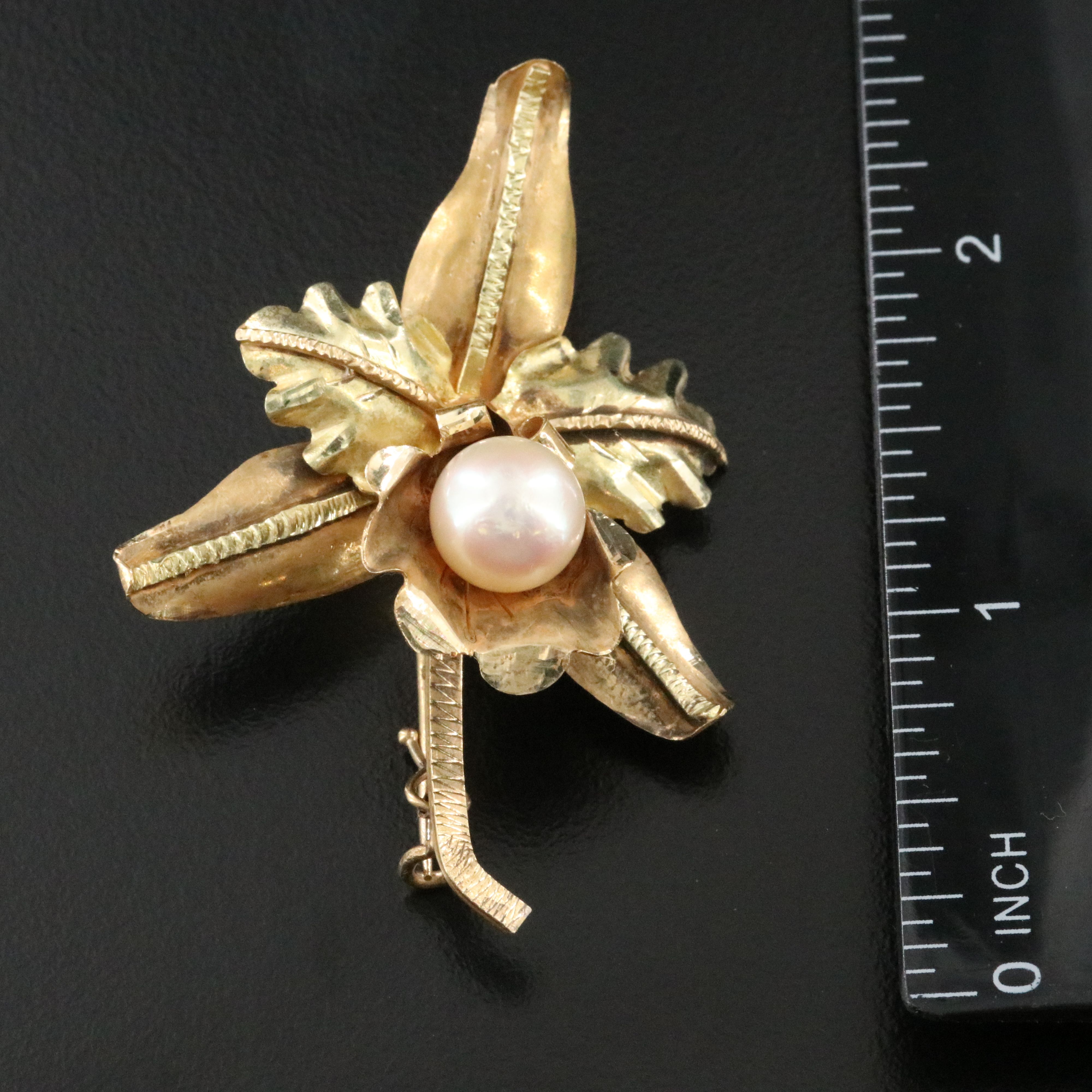 18K Pearl Cattleya Orchid Brooch Vintage