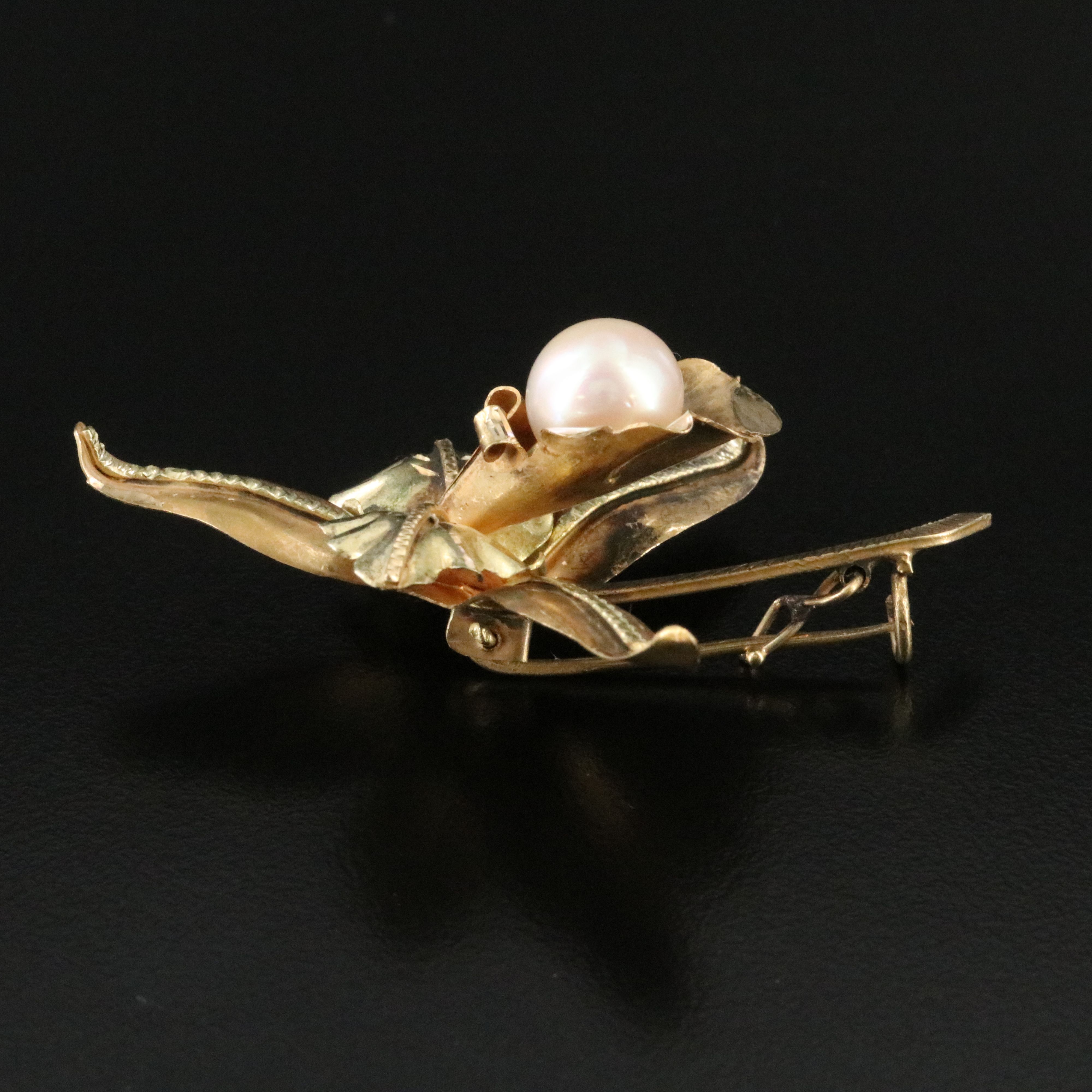 18K Pearl Cattleya Orchid Brooch Vintage
