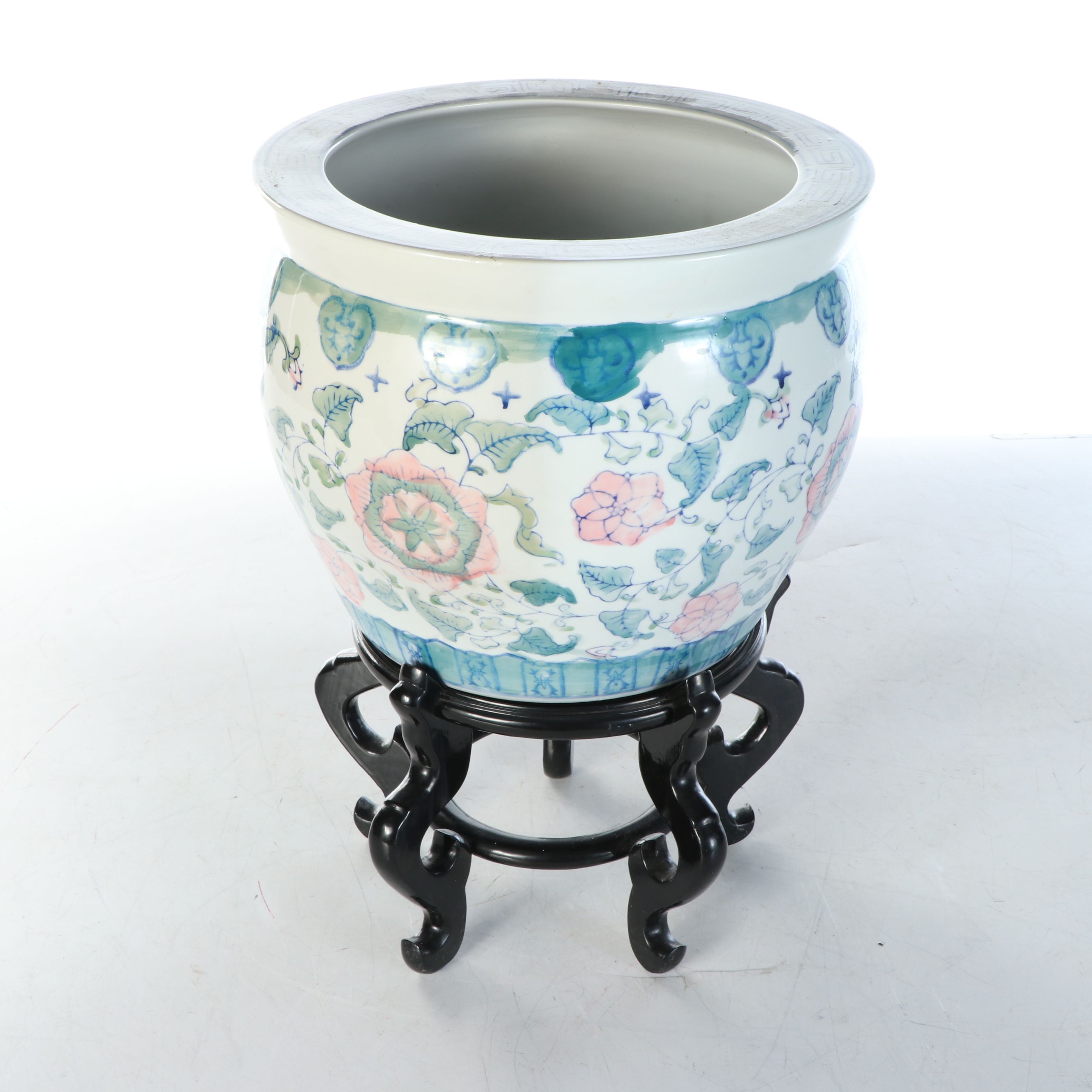 Chinese Porcelain Fishbowl Jardinière with Wood Stand