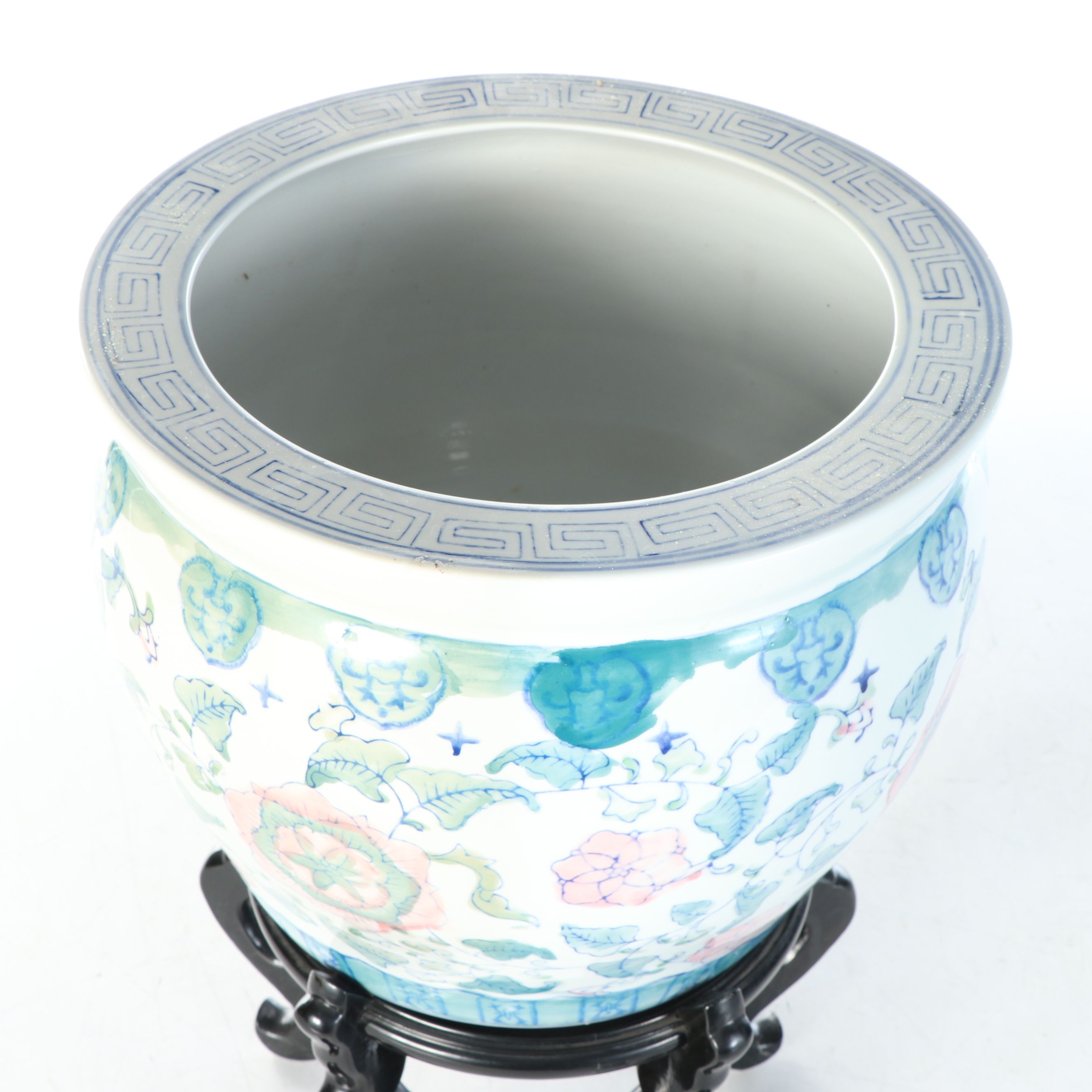 Chinese Porcelain Fishbowl Jardinière with Wood Stand