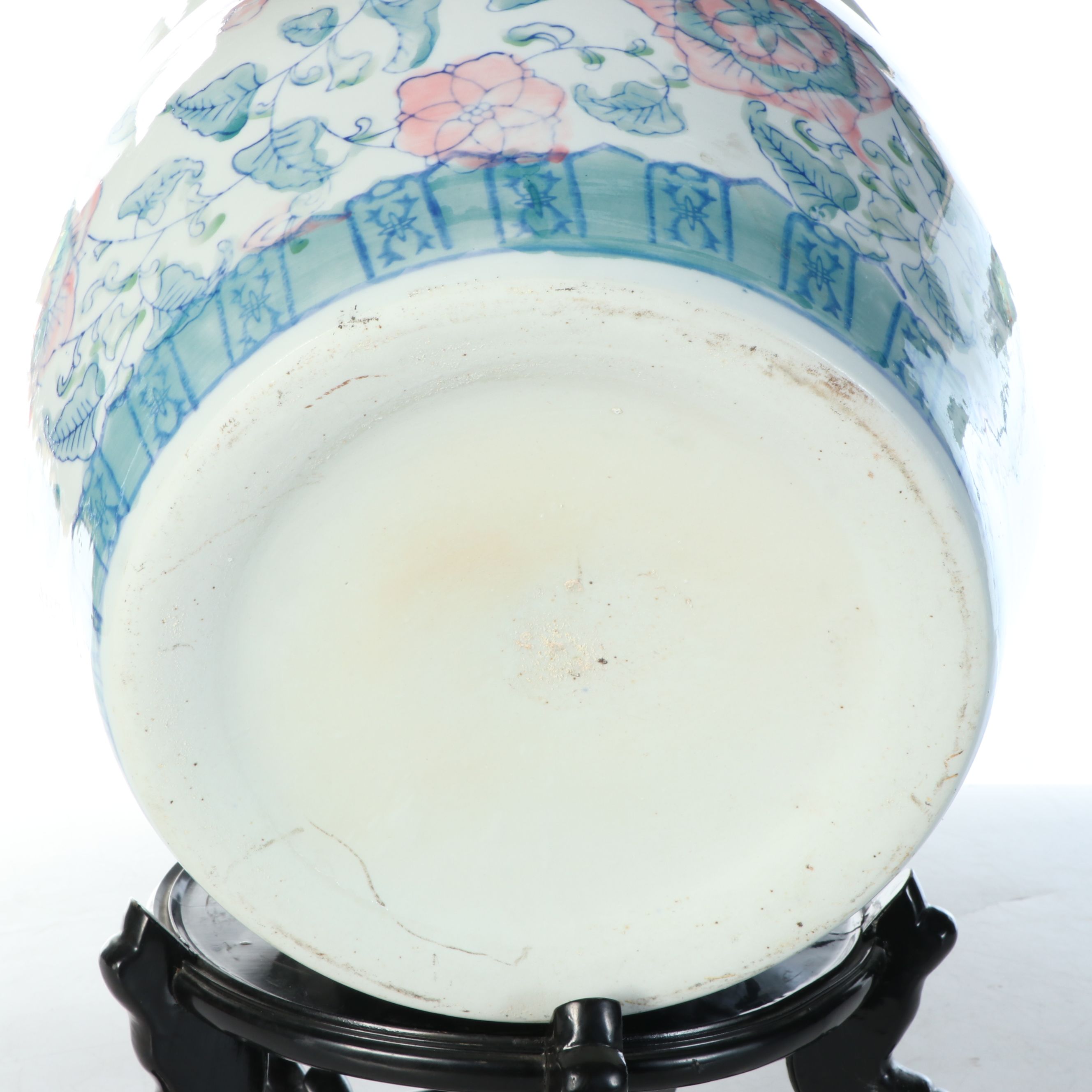 Chinese Porcelain Fishbowl Jardinière with Wood Stand