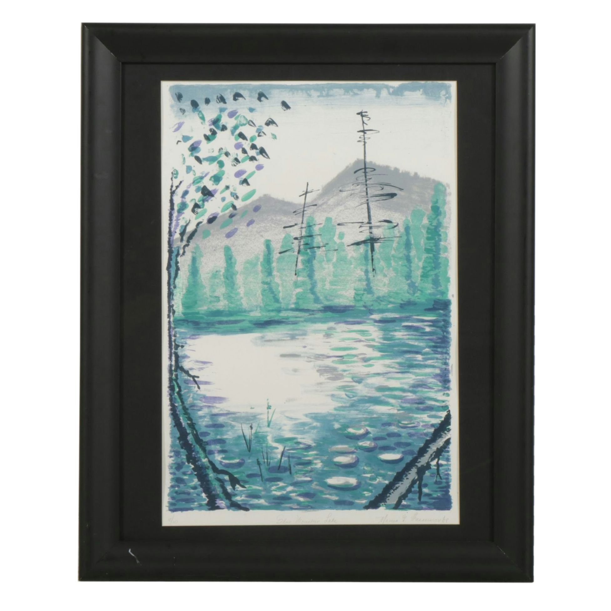Marcia Hammerman Impressionist Color Lithograph "Blue Mountain Lake", 1988