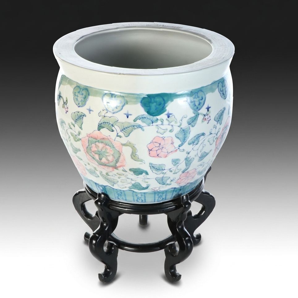 Chinese Porcelain Fishbowl Jardinière with Wood Stand