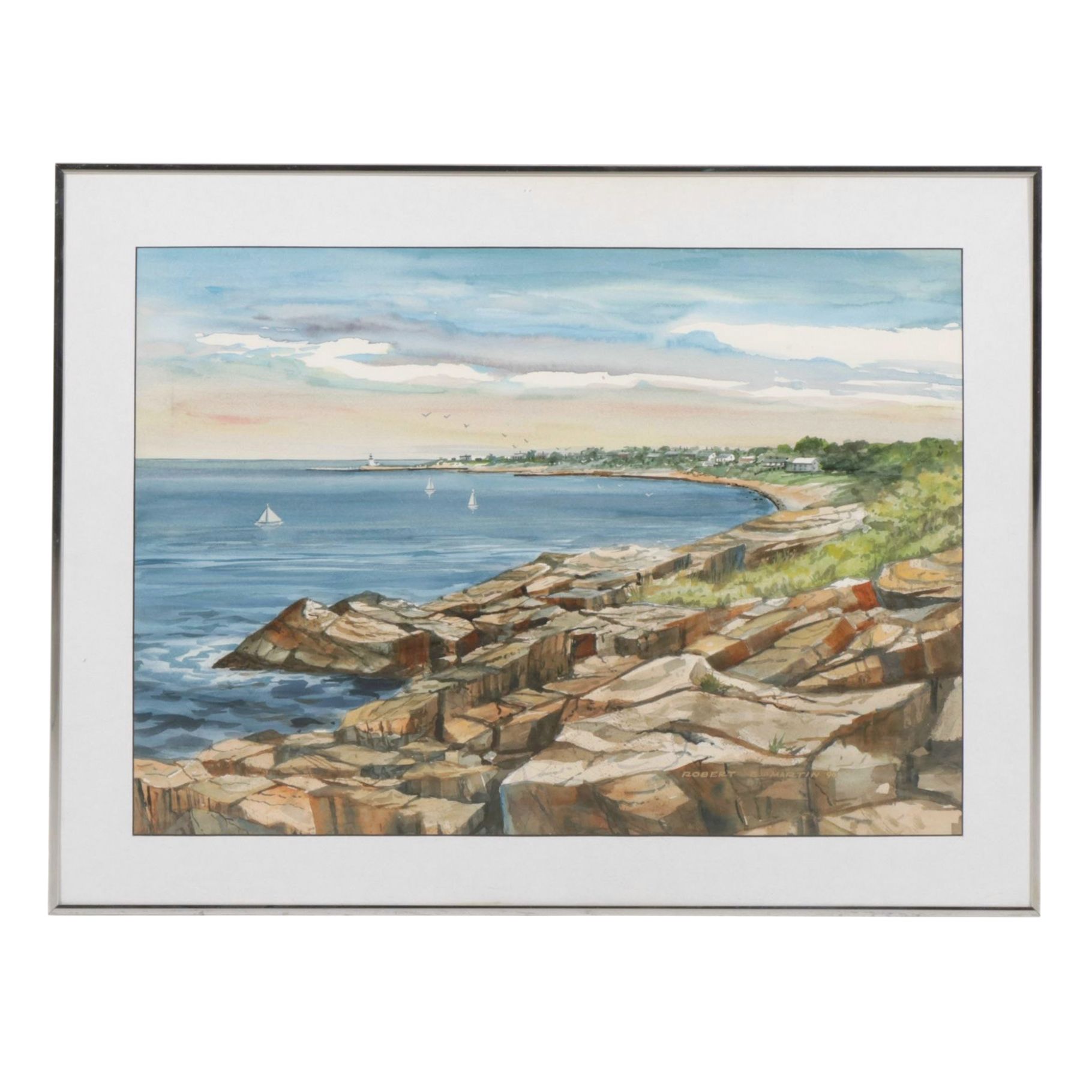 Robert E. Martin Coastal Landscape Watercolor Painting "Maine Beach", 1990