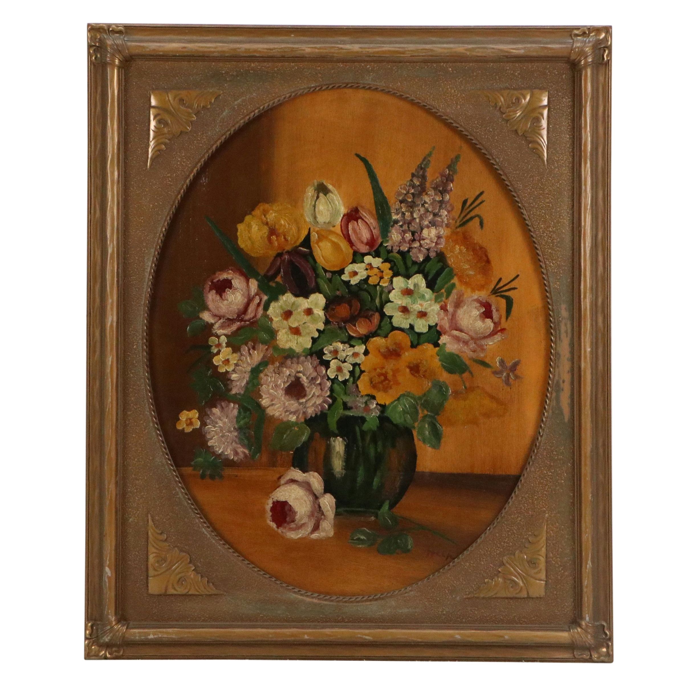 Still Life Oil Painting of Vase of Flowers, 20th Century