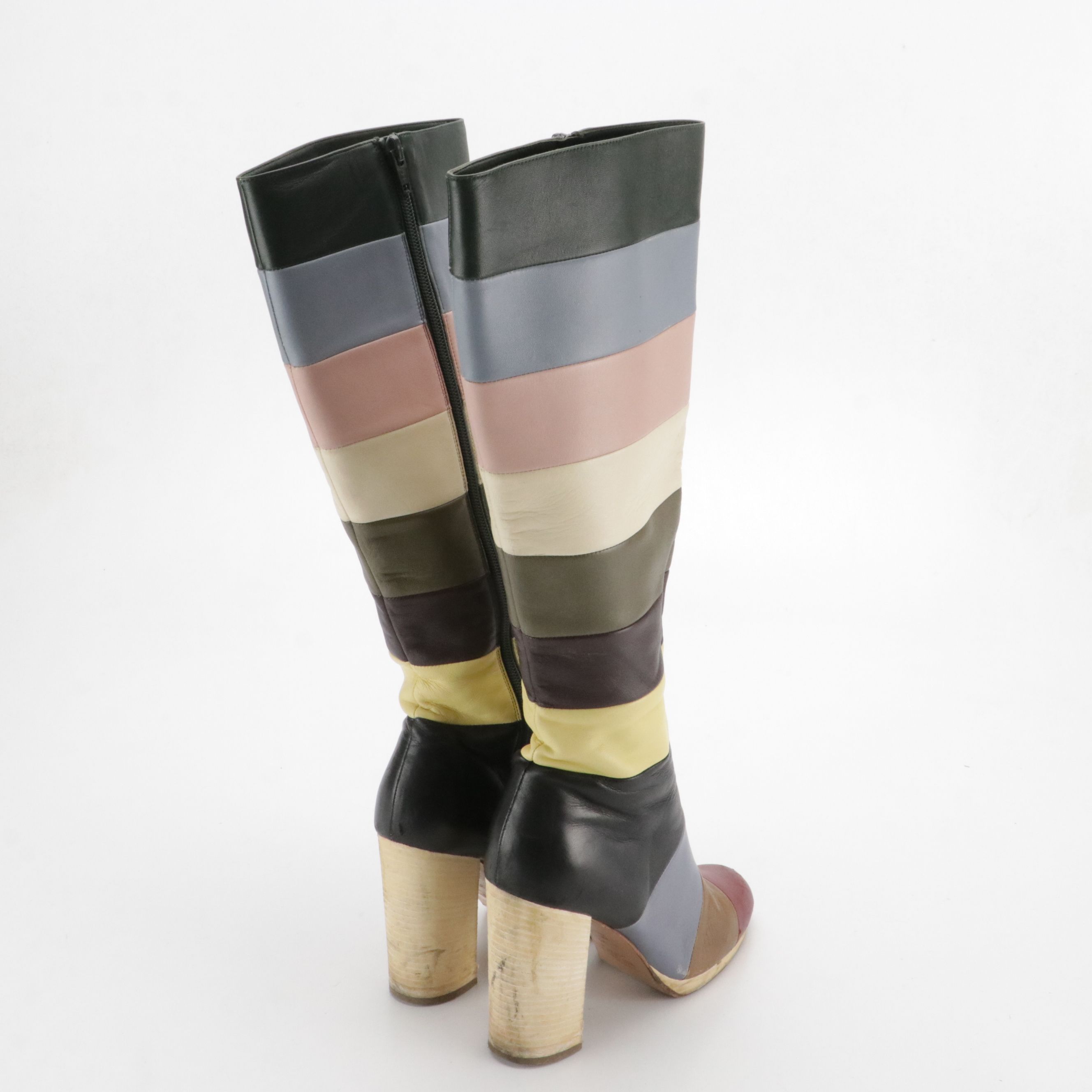 Valentino Garavani Multicolored Striped Leather Knee High Boots With Box
