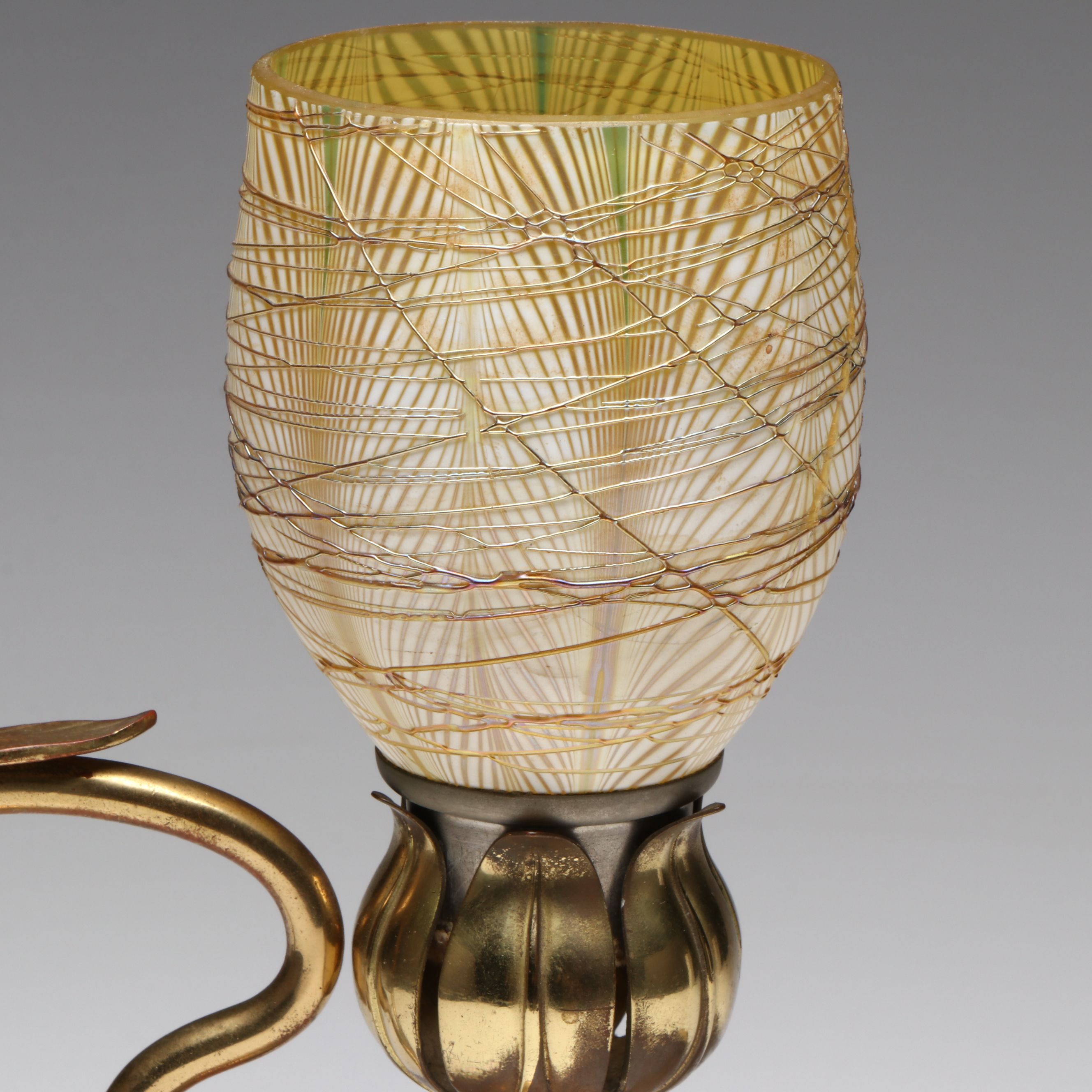 Tiffany Studios Solid Brass Candle Holder with Favrile Glass Shade