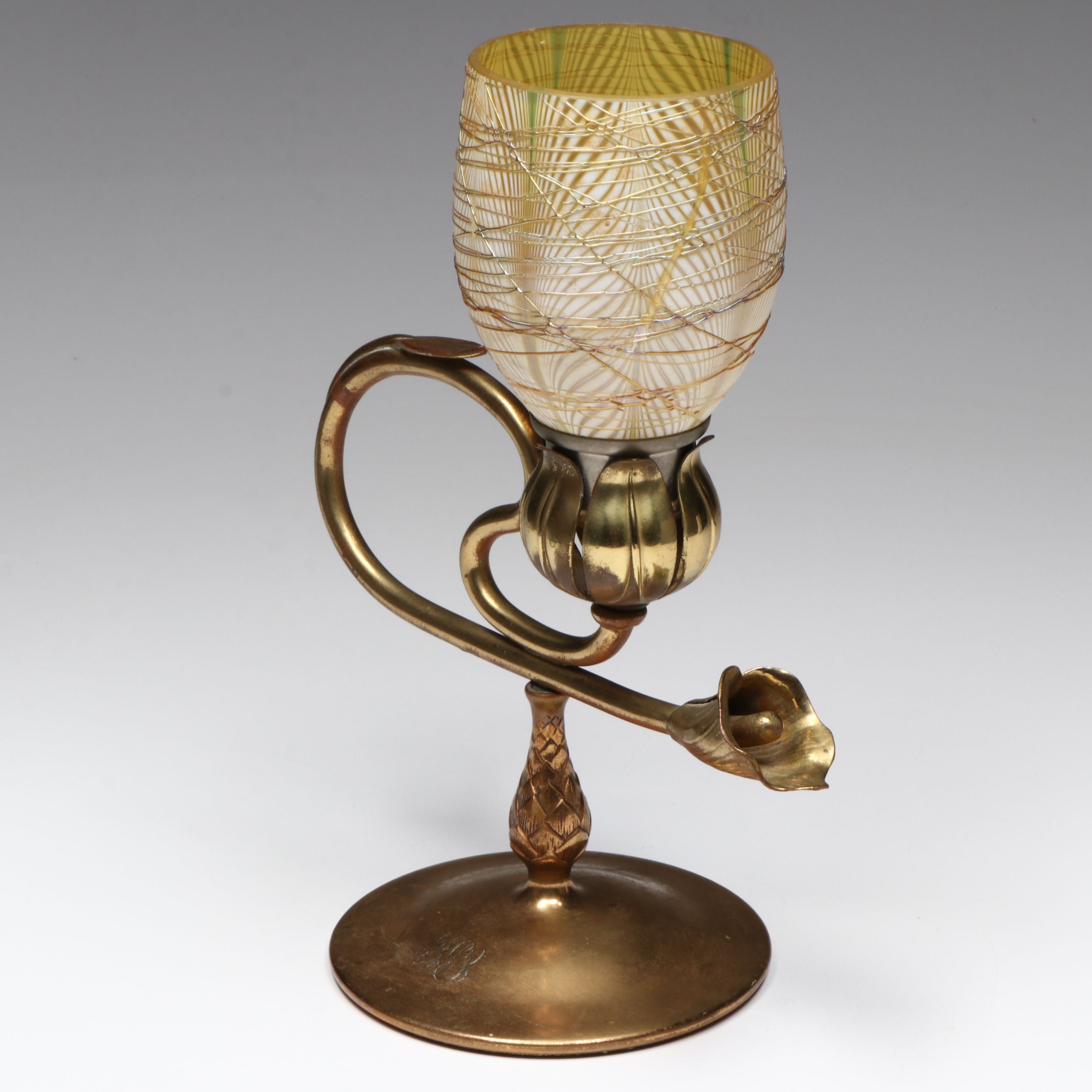 Tiffany Studios Solid Brass Candle Holder with Favrile Glass Shade
