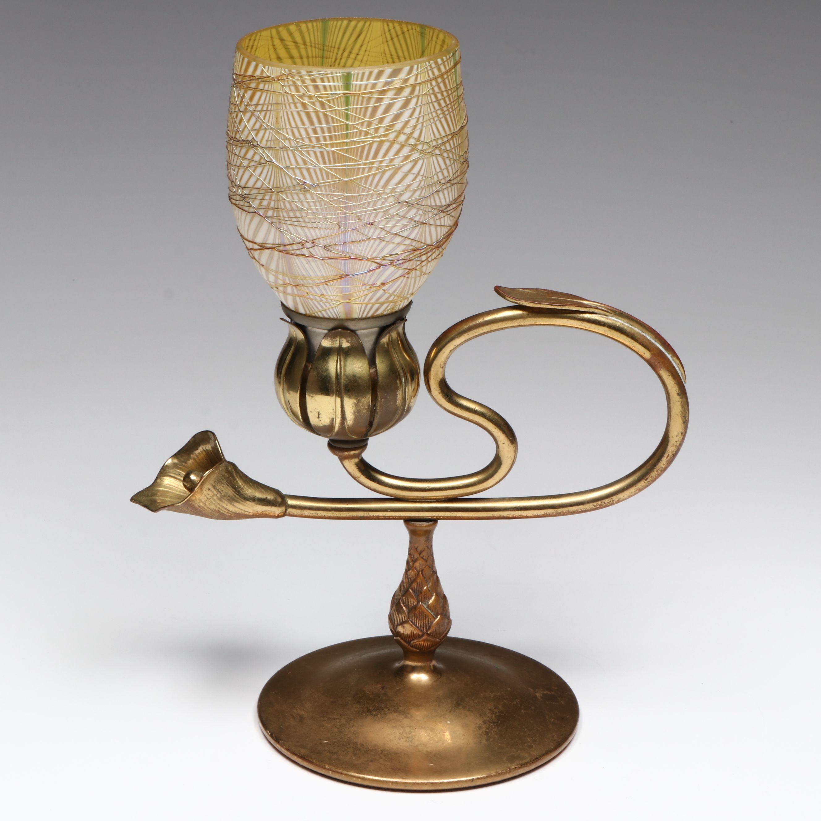 Tiffany Studios Solid Brass Candle Holder with Favrile Glass Shade