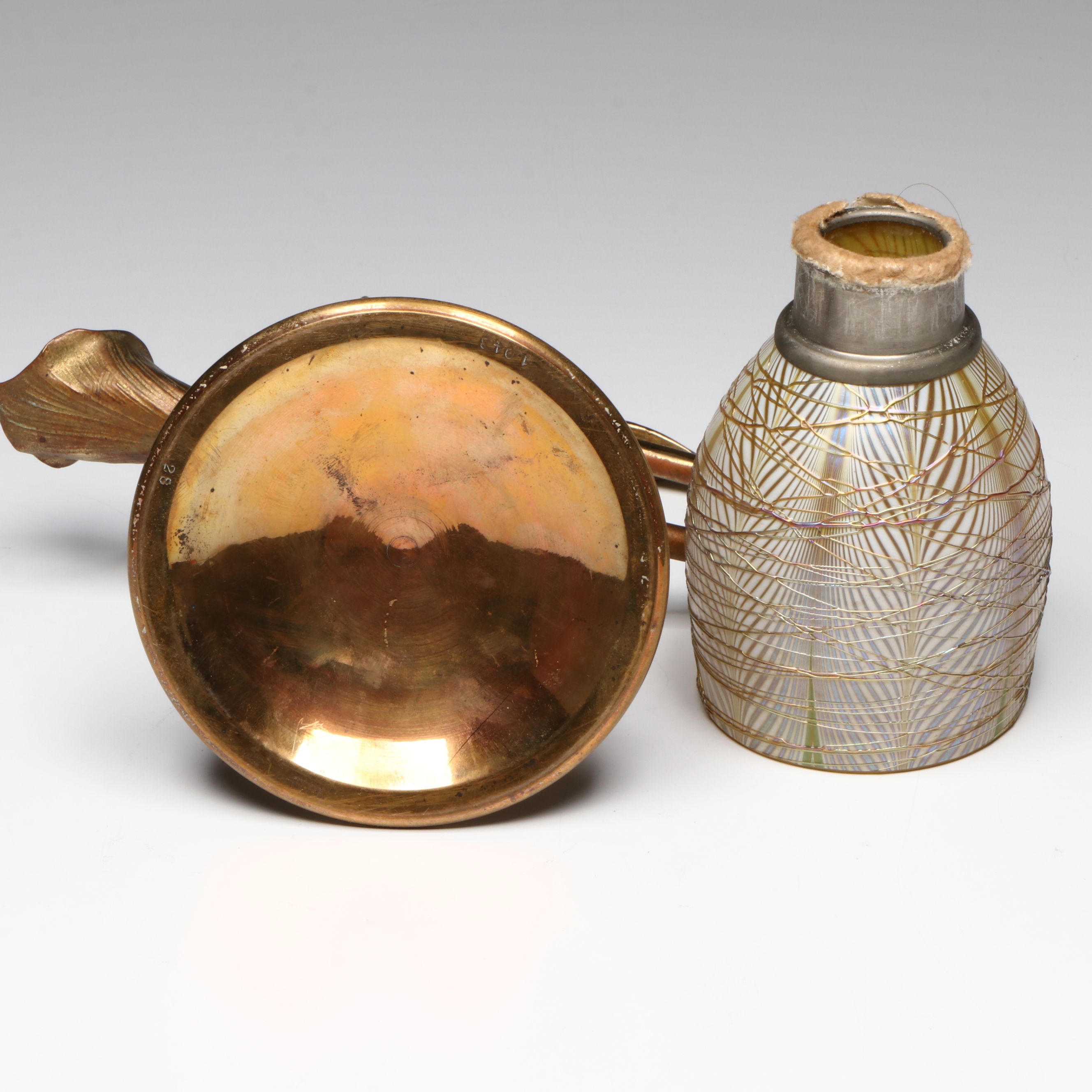 Tiffany Studios Solid Brass Candle Holder with Favrile Glass Shade