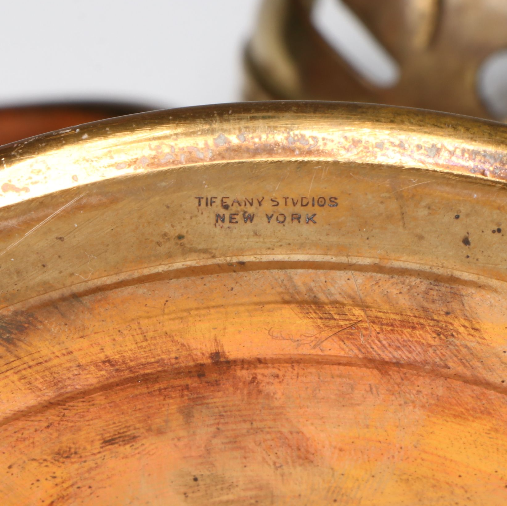 Tiffany Studios Solid Brass Candle Holder with Favrile Glass Shade