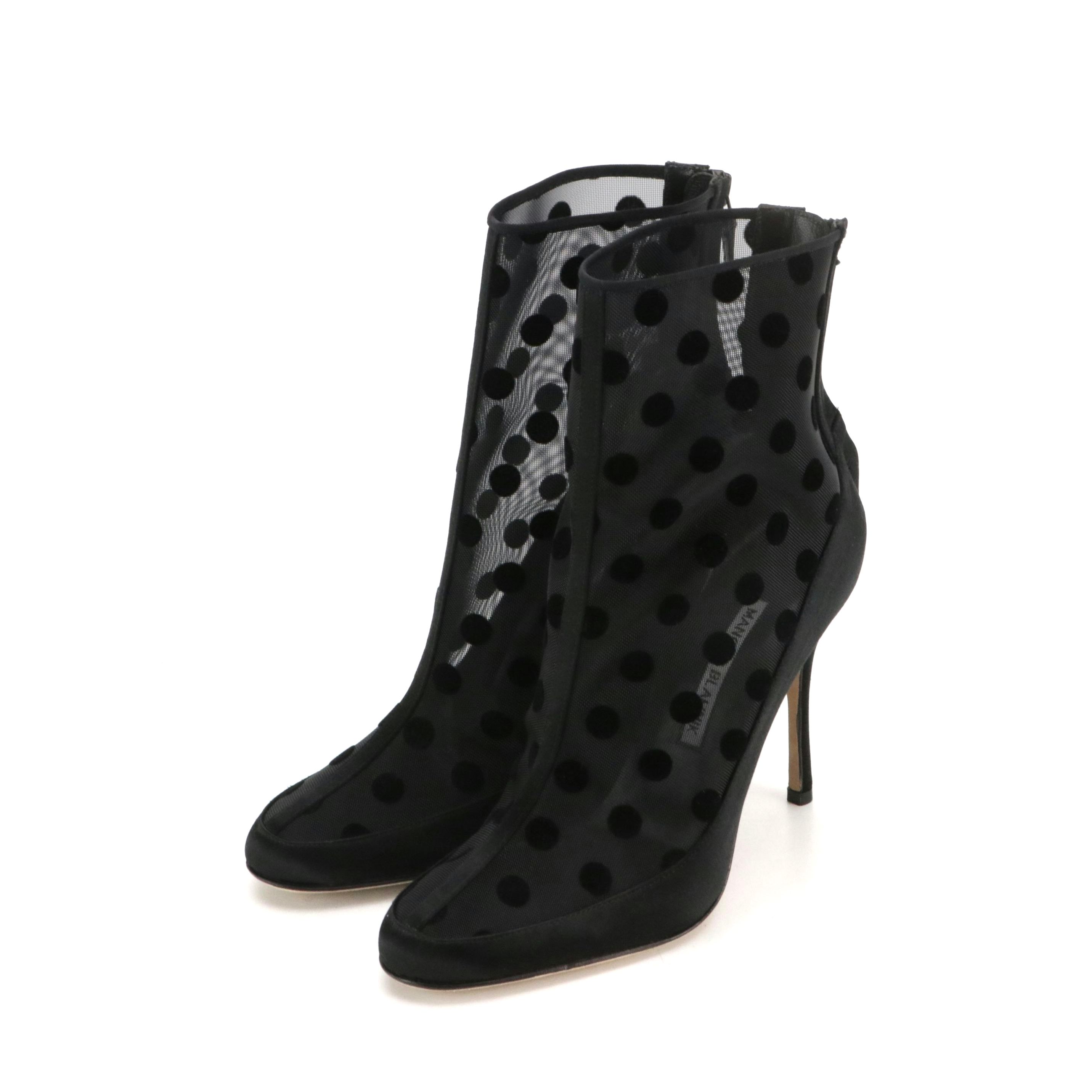 Manolo Blahnik "Mukinka" Polka Dot Mesh and Satin Ankle Boots