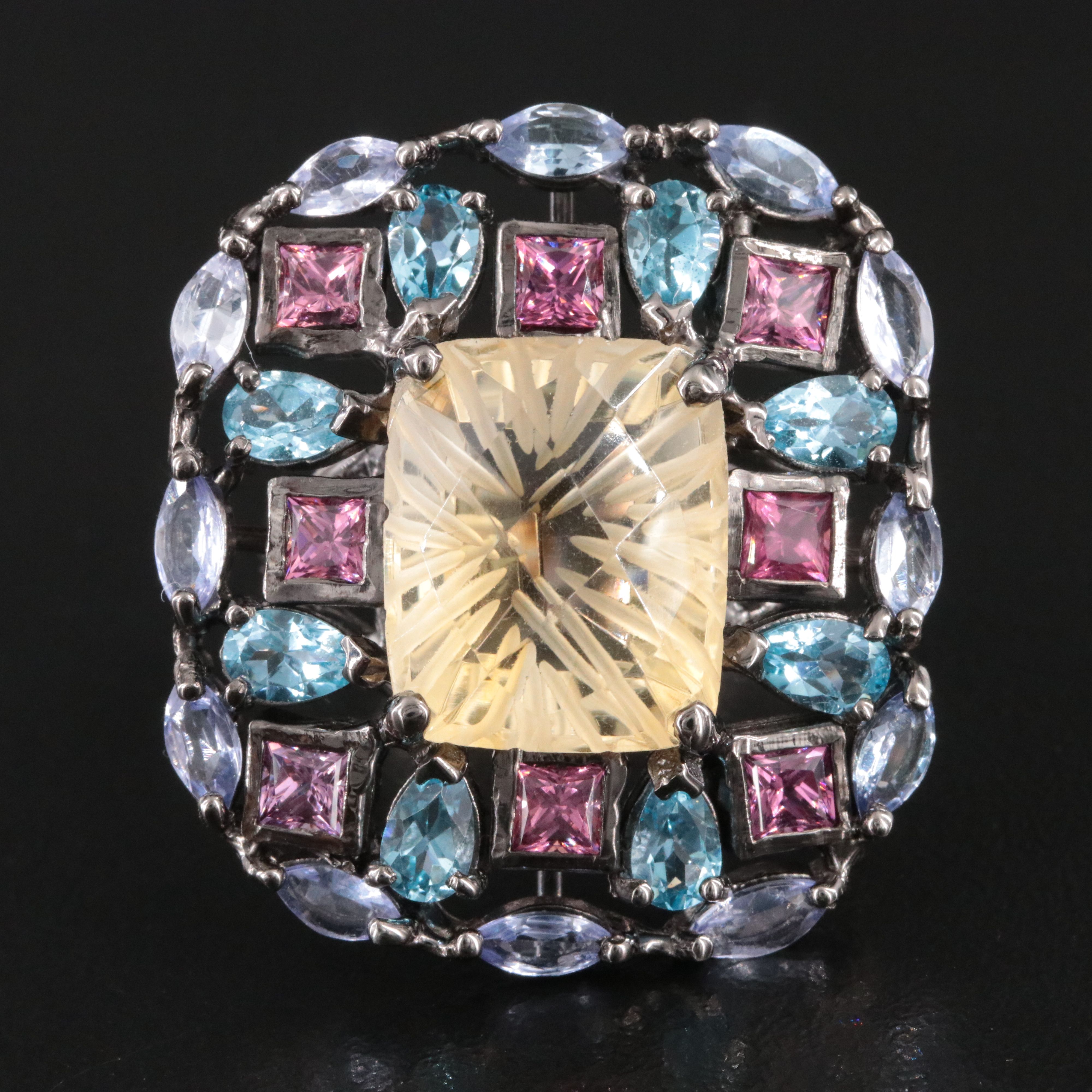 Sterling Halo Ring Ft. Citrine, Tourmaline and Blue Topaz
