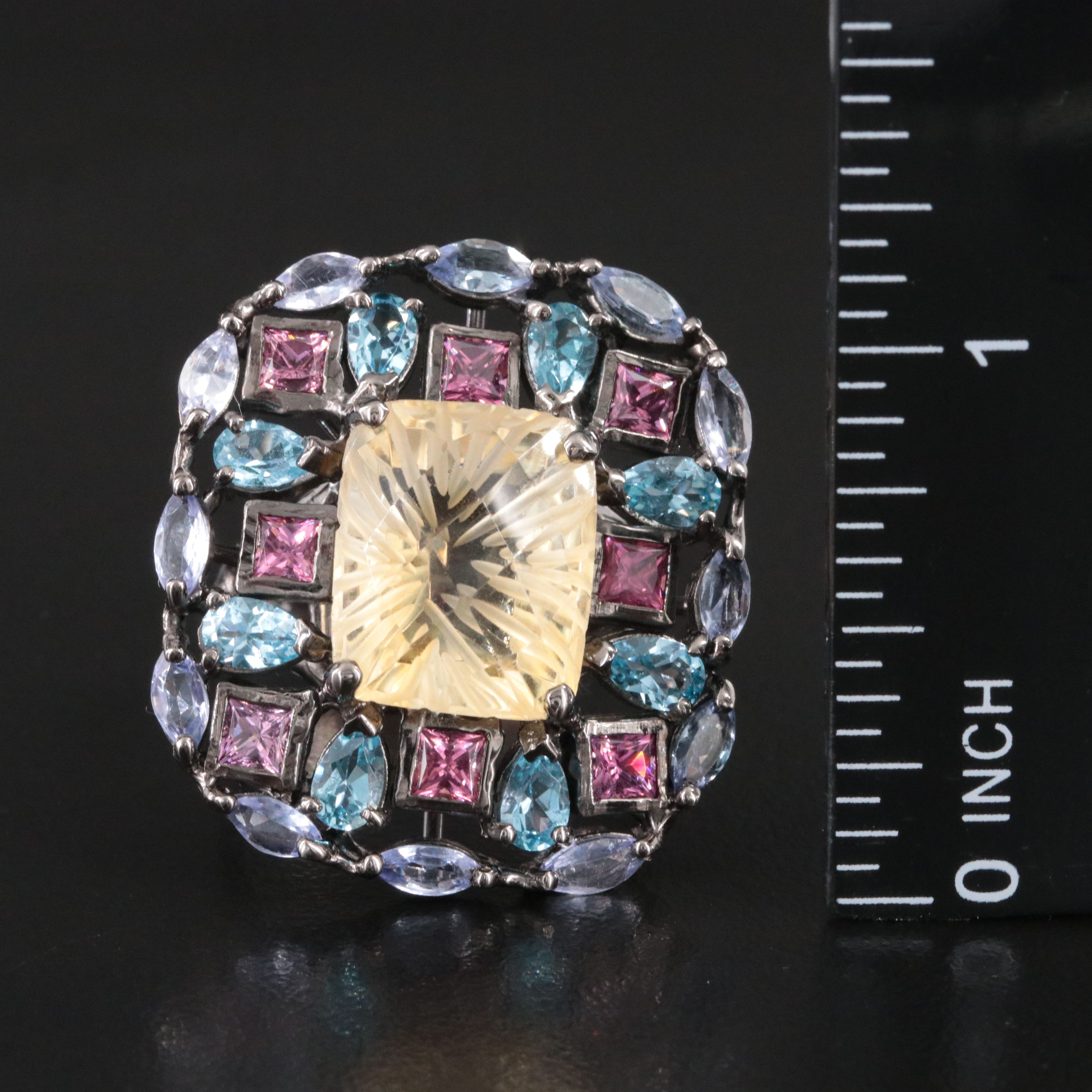 Sterling Halo Ring Ft. Citrine, Tourmaline and Blue Topaz