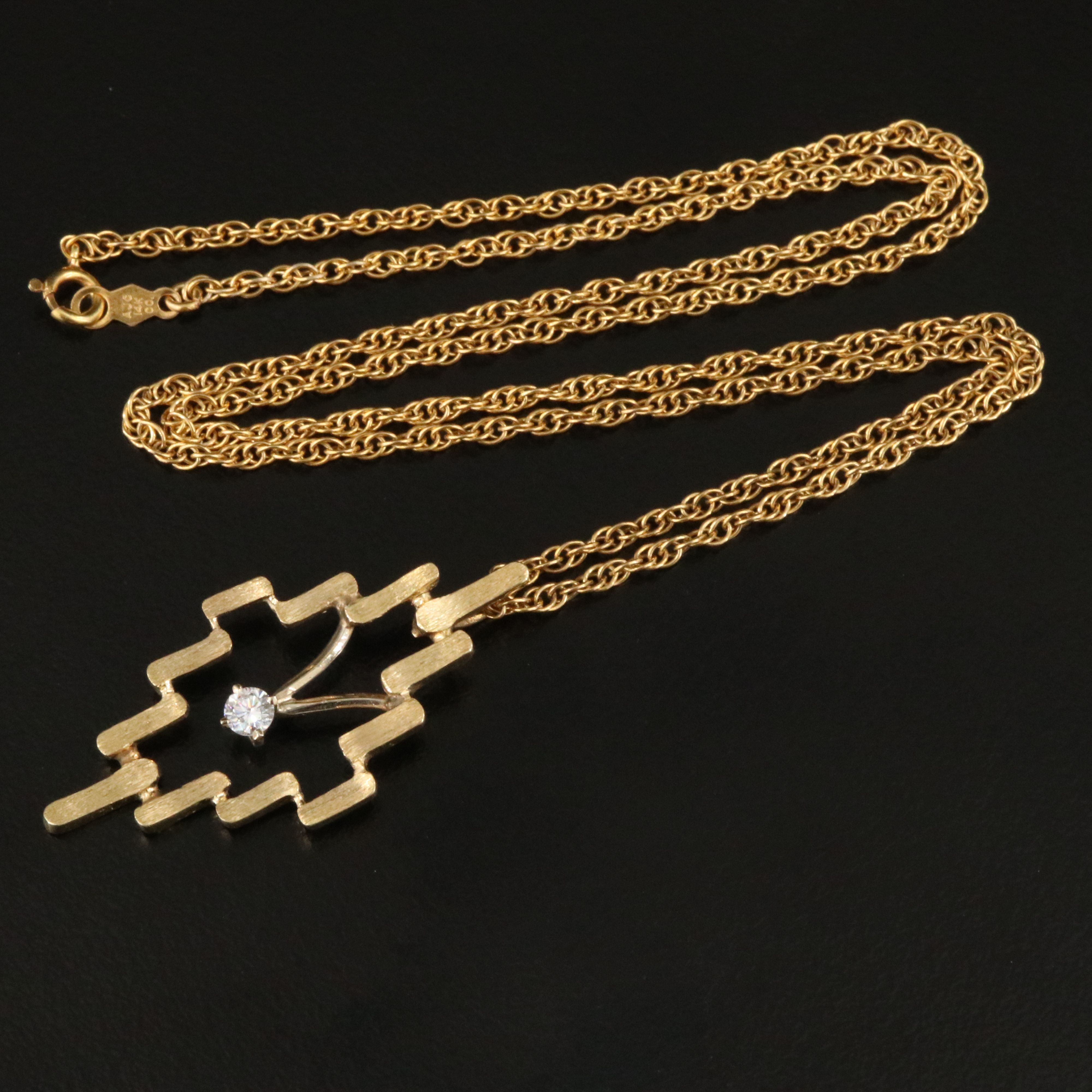 Vintage 14K 0.14 CT Diamond Pendant on 10K Rope Chain Necklace