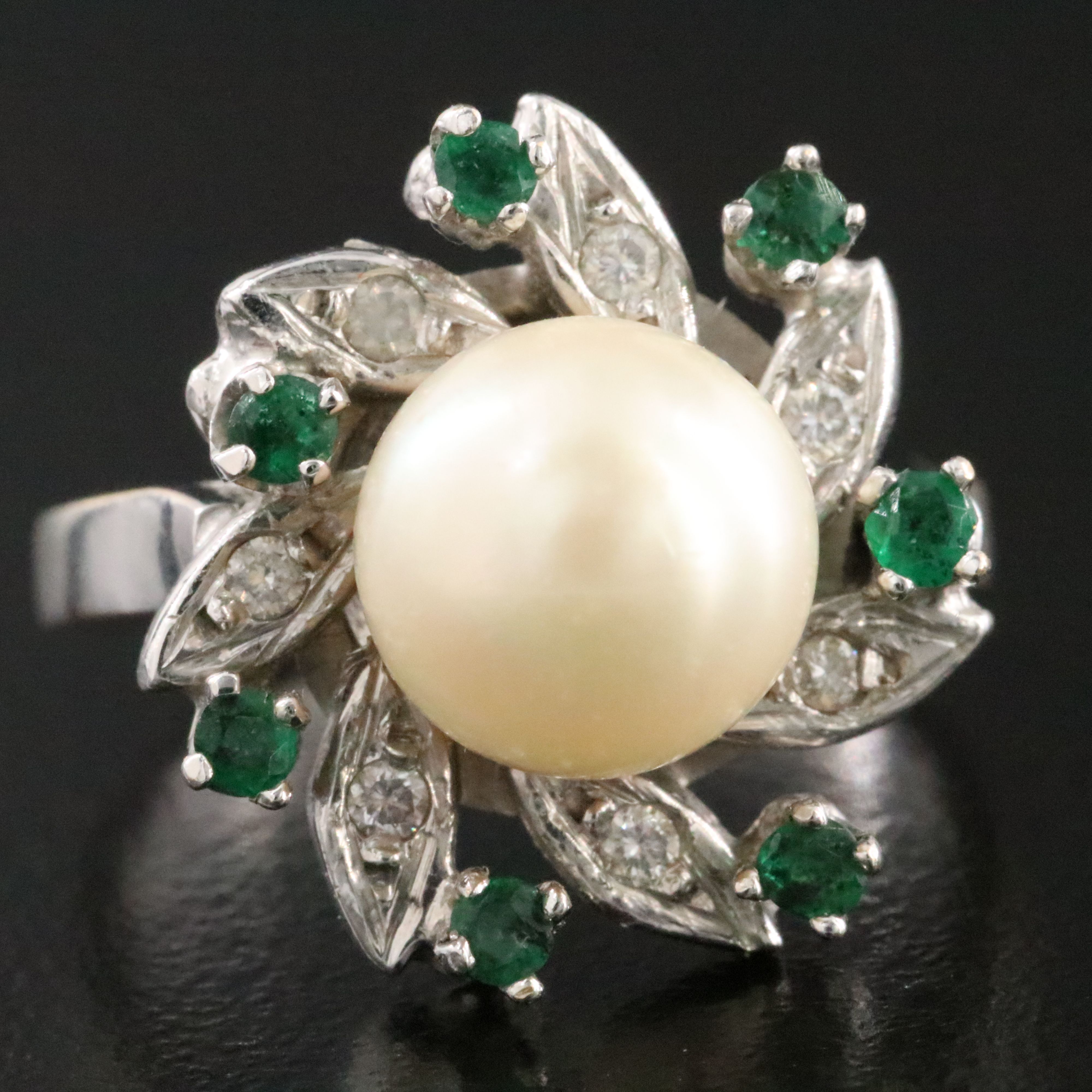14K Pearl, Emerald and Diamond Pinwheel Ring