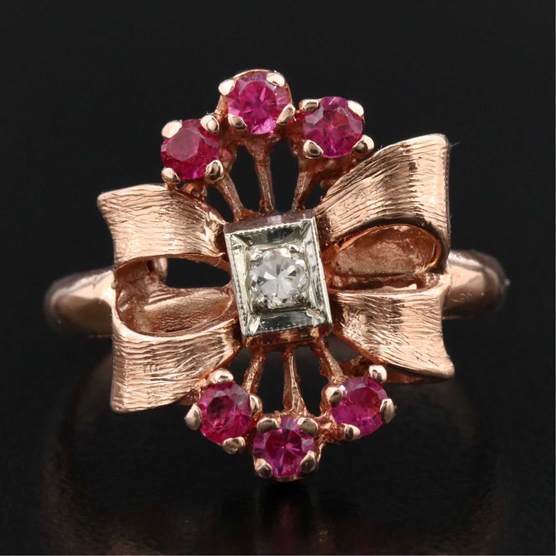 Retro 14K Rose Gold Diamond and Ruby Bow Ring