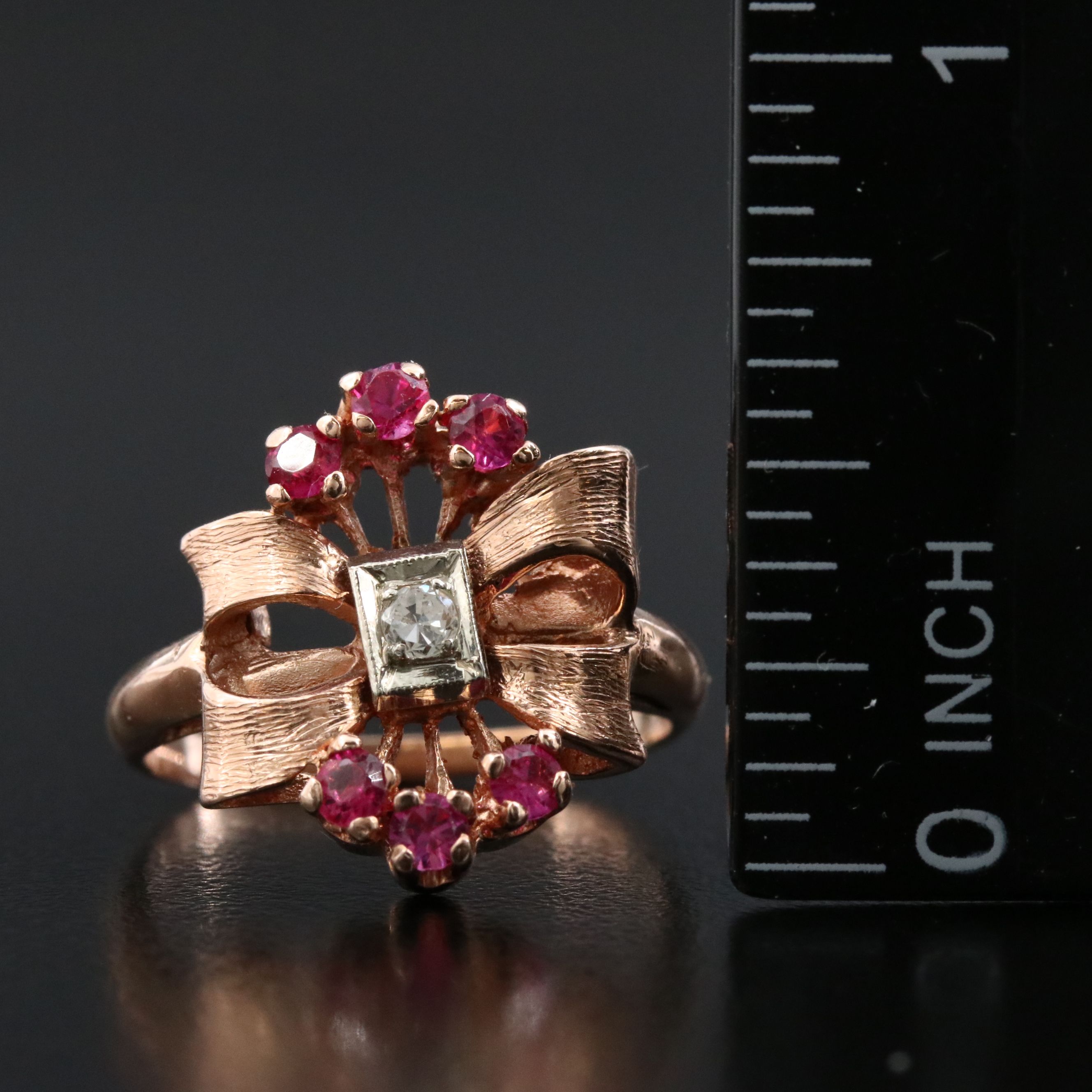 Retro 14K Rose Gold Diamond and Ruby Bow Ring
