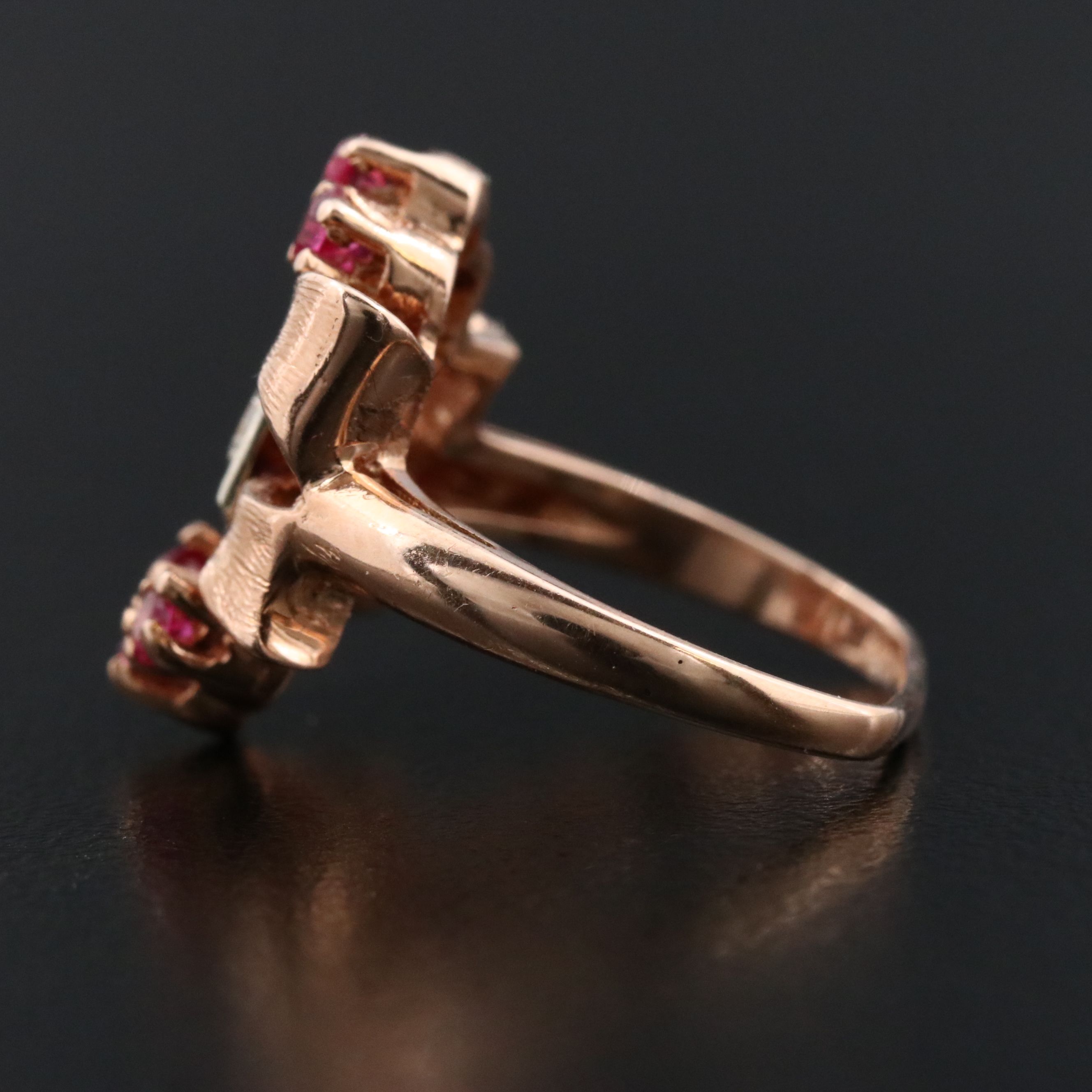 Retro 14K Rose Gold Diamond and Ruby Bow Ring