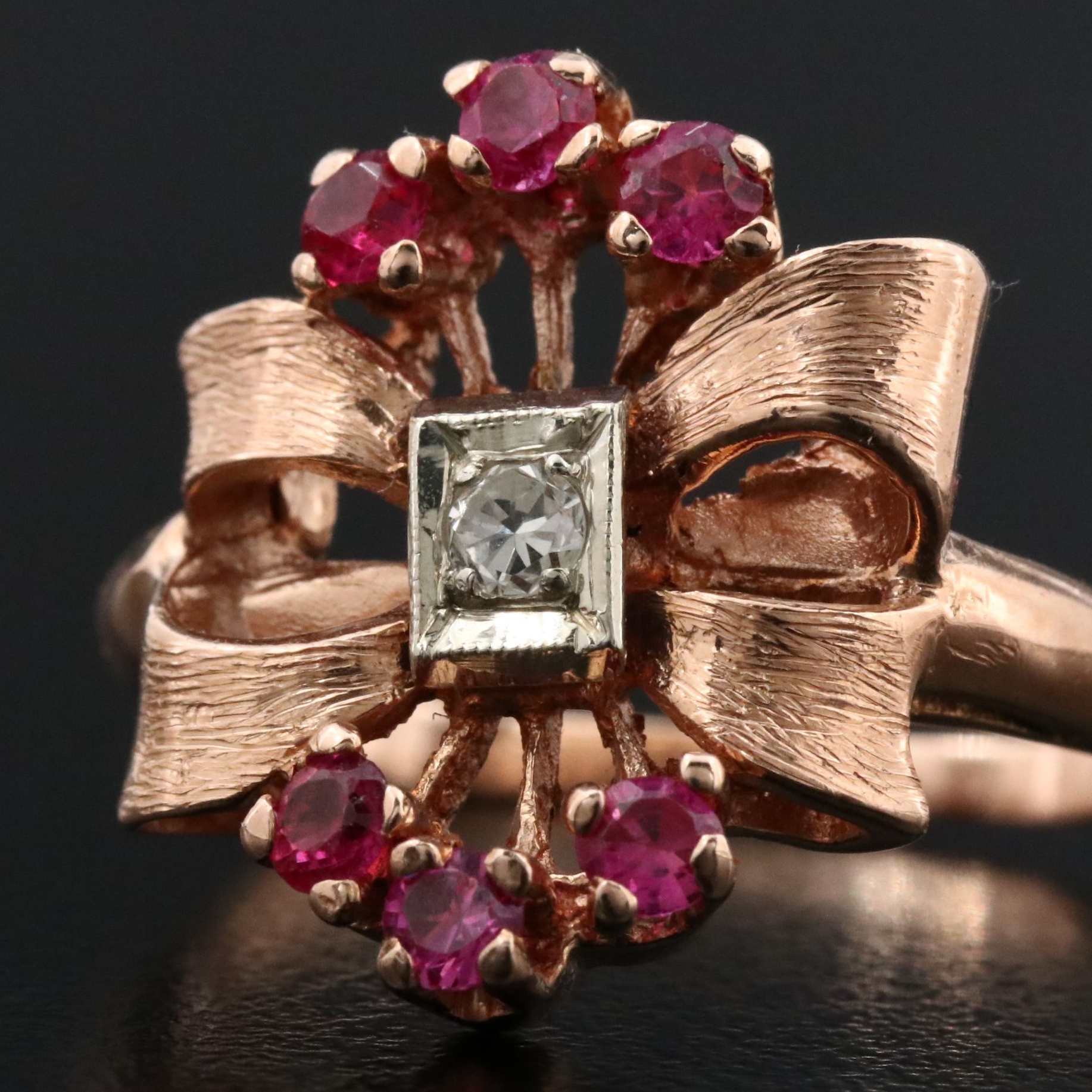 Retro 14K Rose Gold Diamond and Ruby Bow Ring