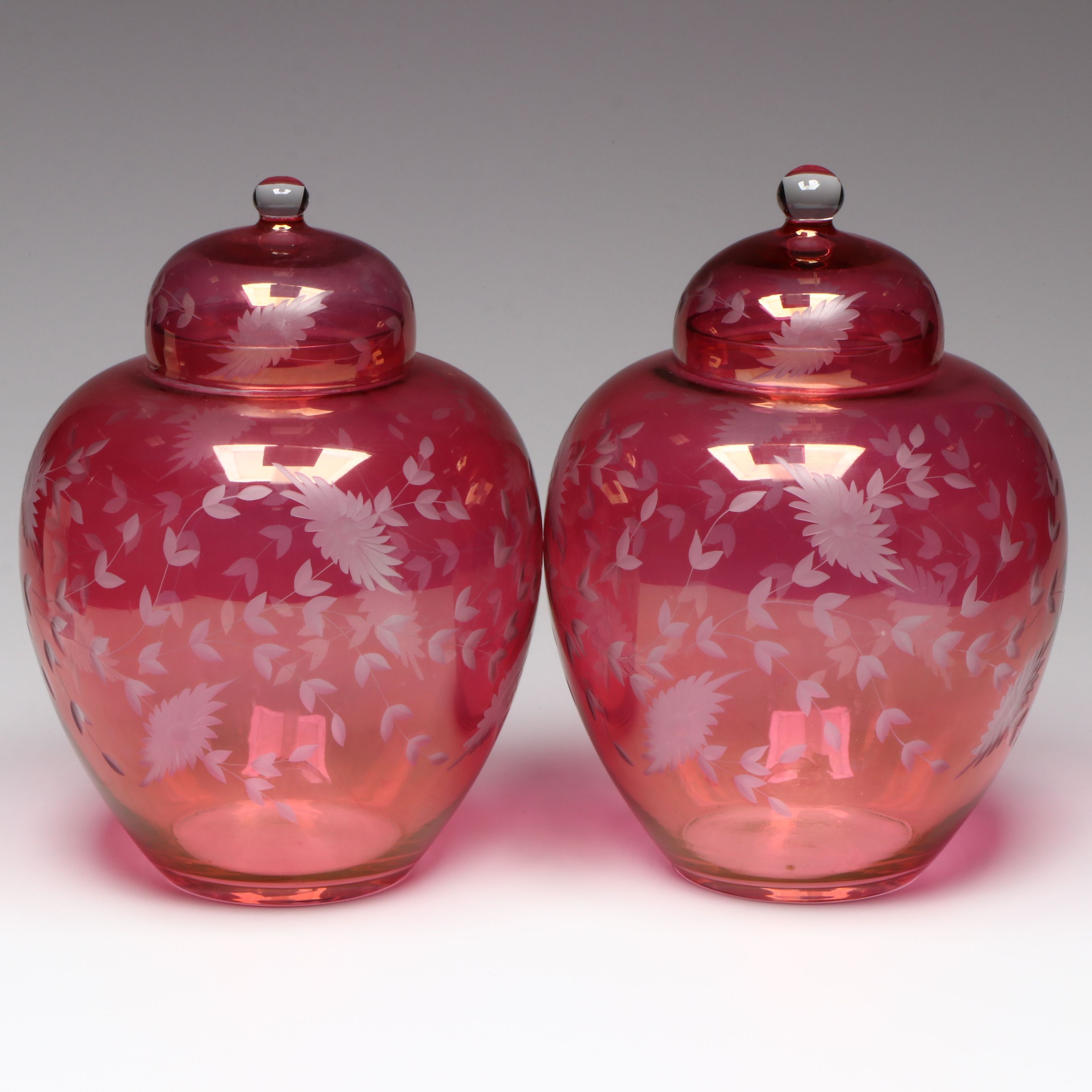 Pair of Floral Cut to Clear Cranberry Glass Ginger Jars