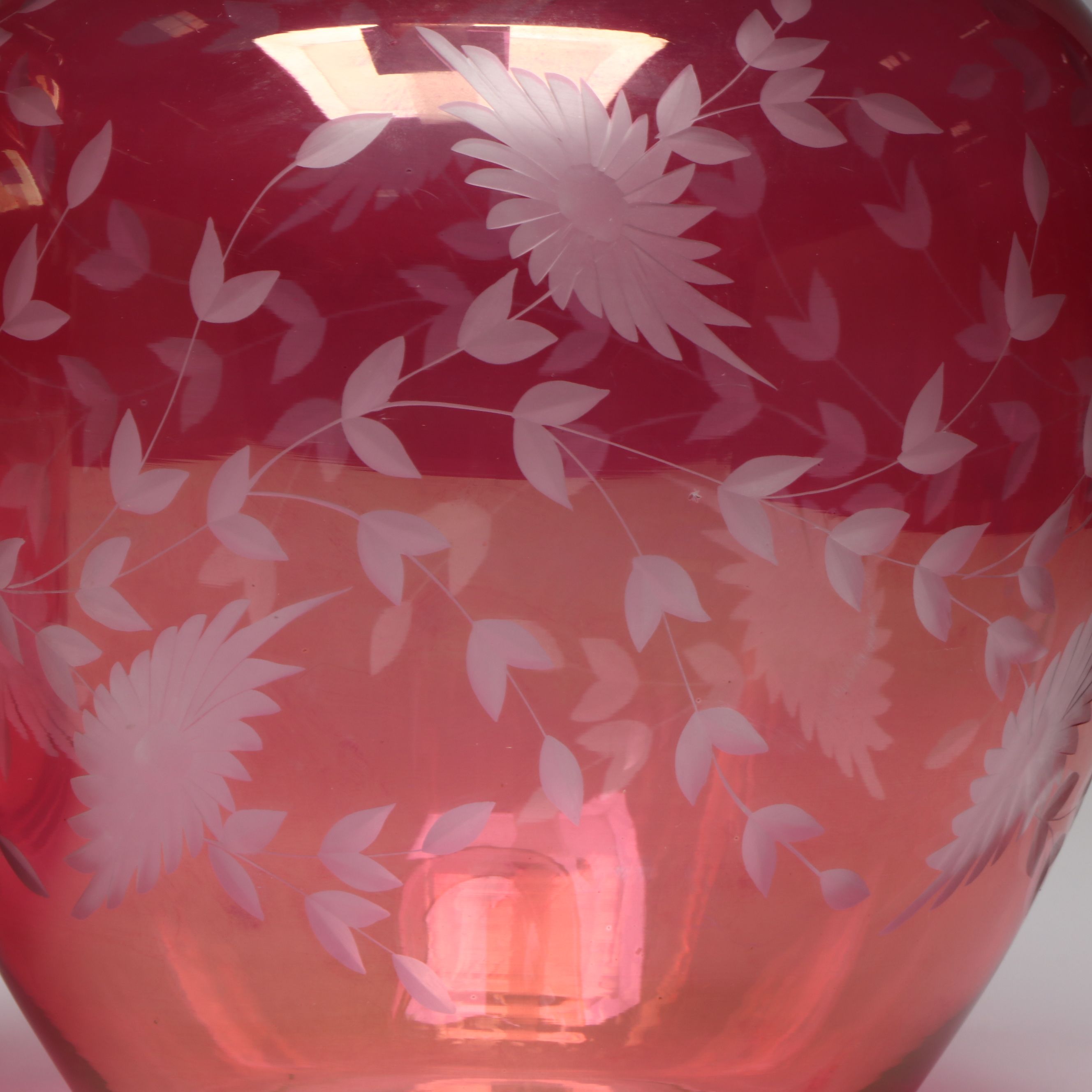 Pair of Floral Cut to Clear Cranberry Glass Ginger Jars