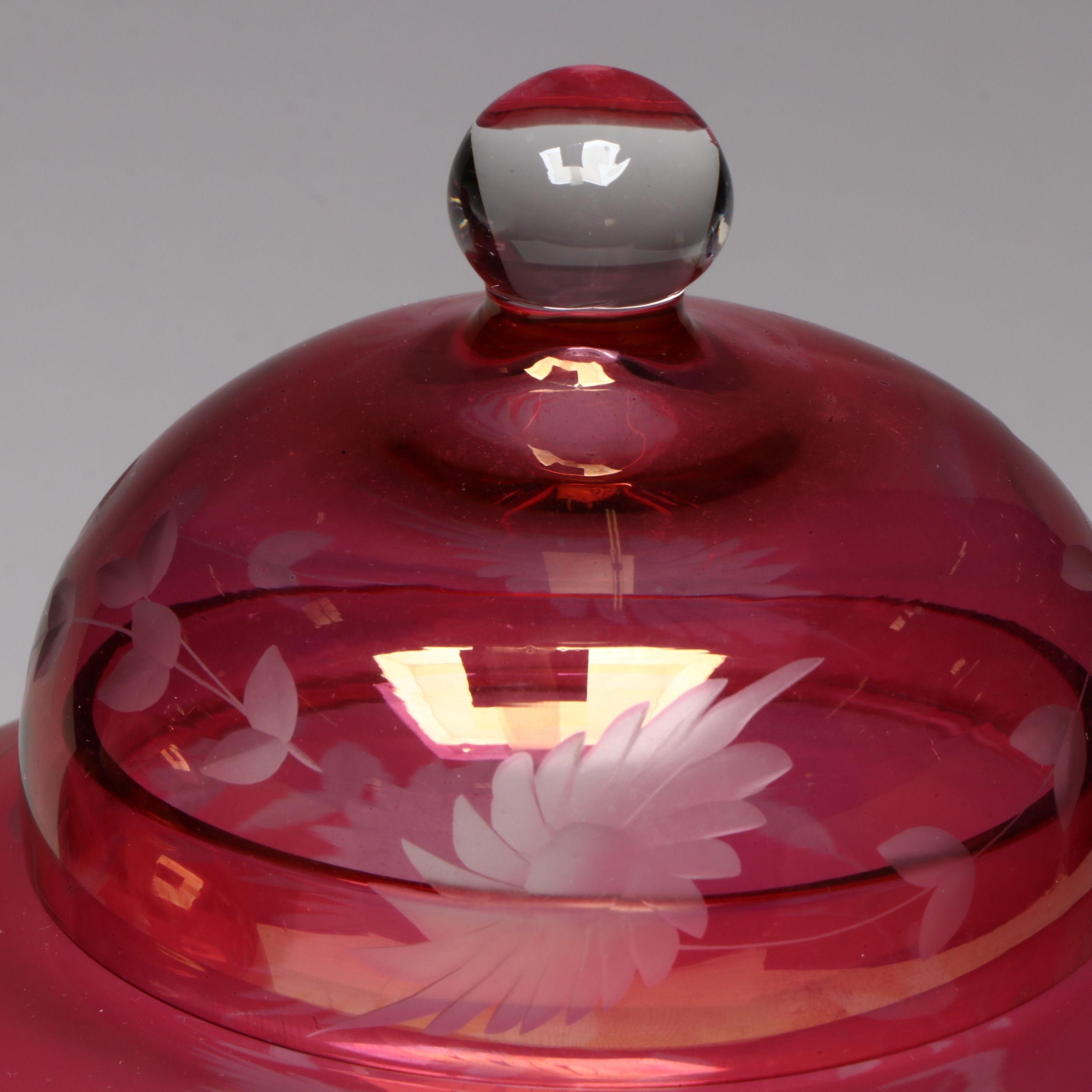 Pair of Floral Cut to Clear Cranberry Glass Ginger Jars