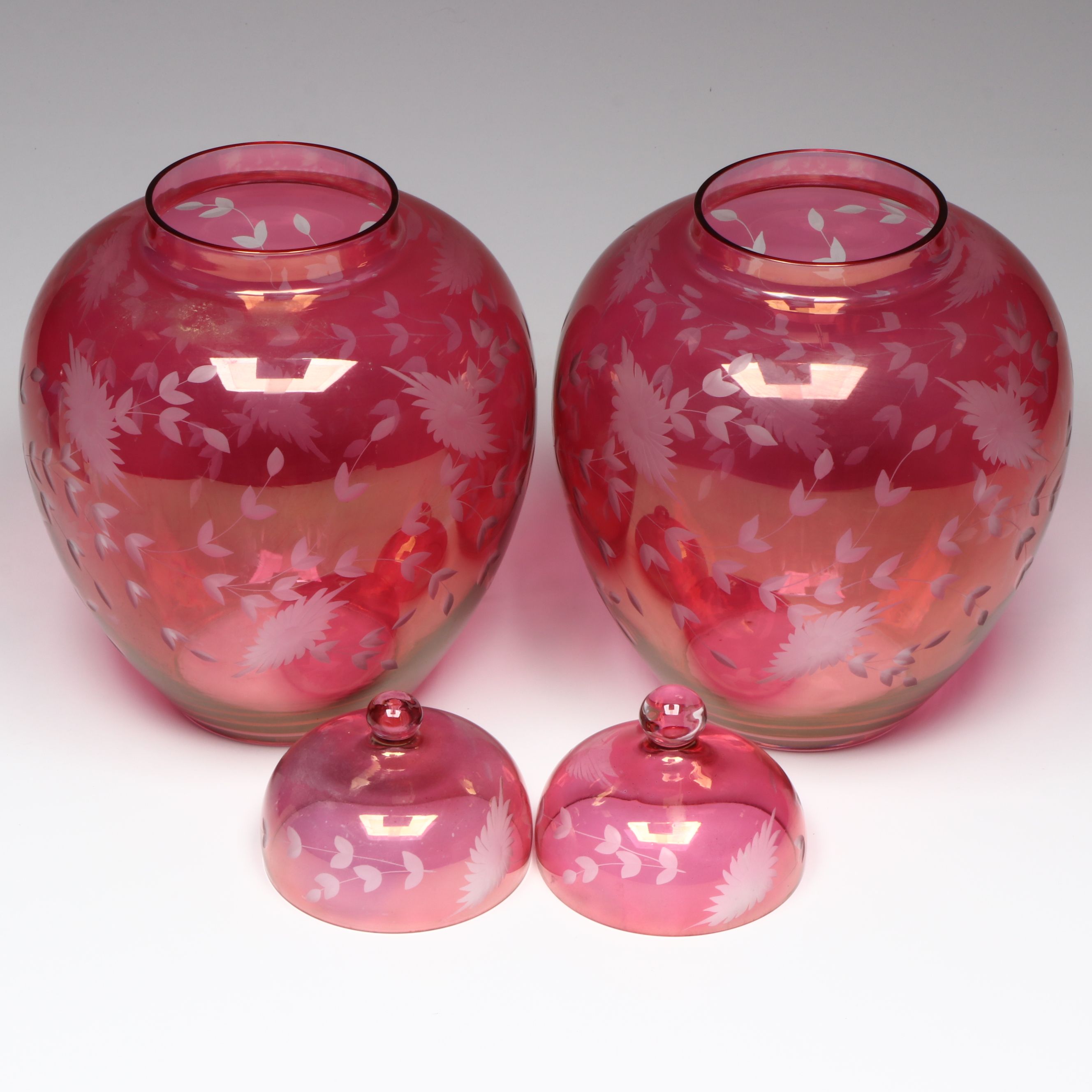 Pair of Floral Cut to Clear Cranberry Glass Ginger Jars