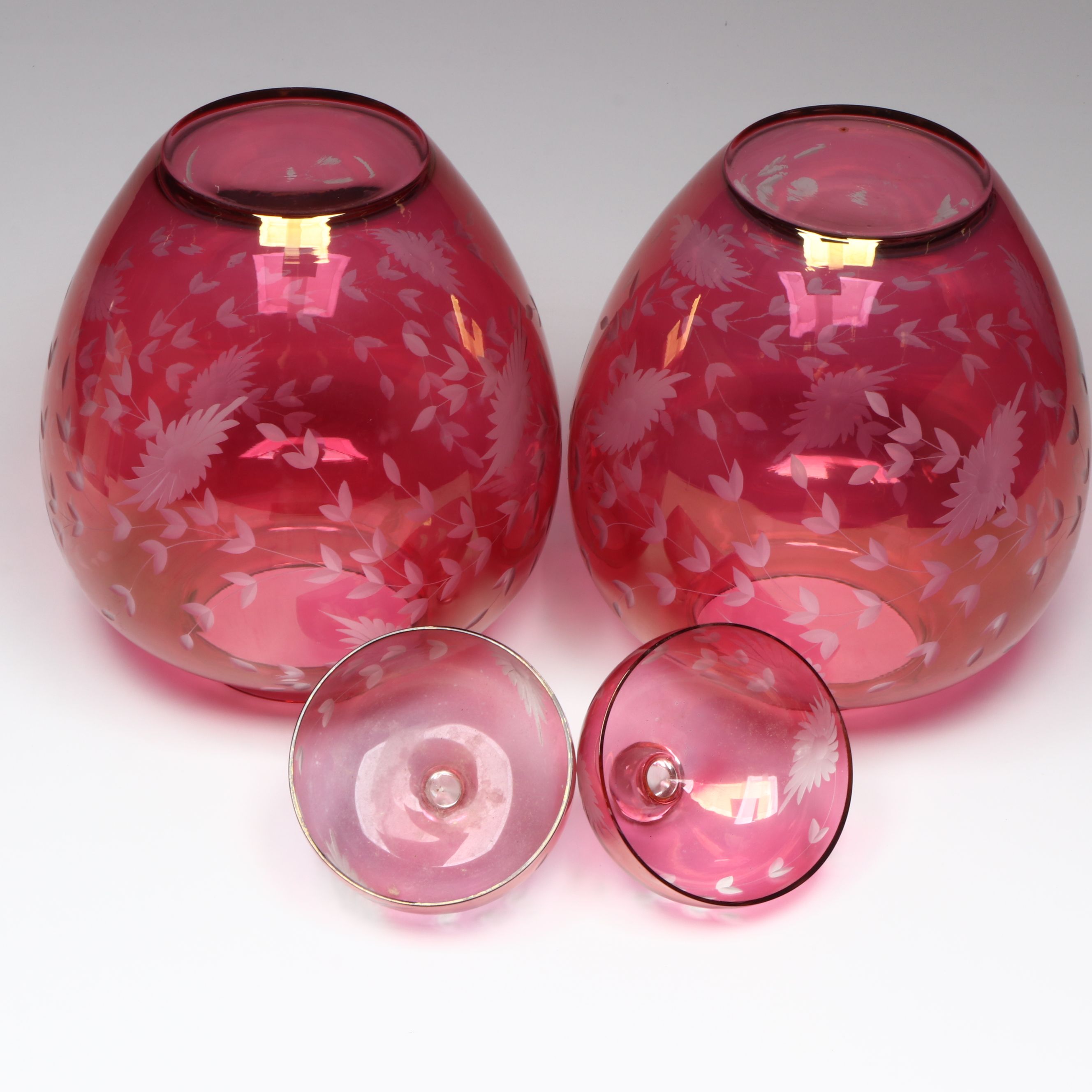 Pair of Floral Cut to Clear Cranberry Glass Ginger Jars