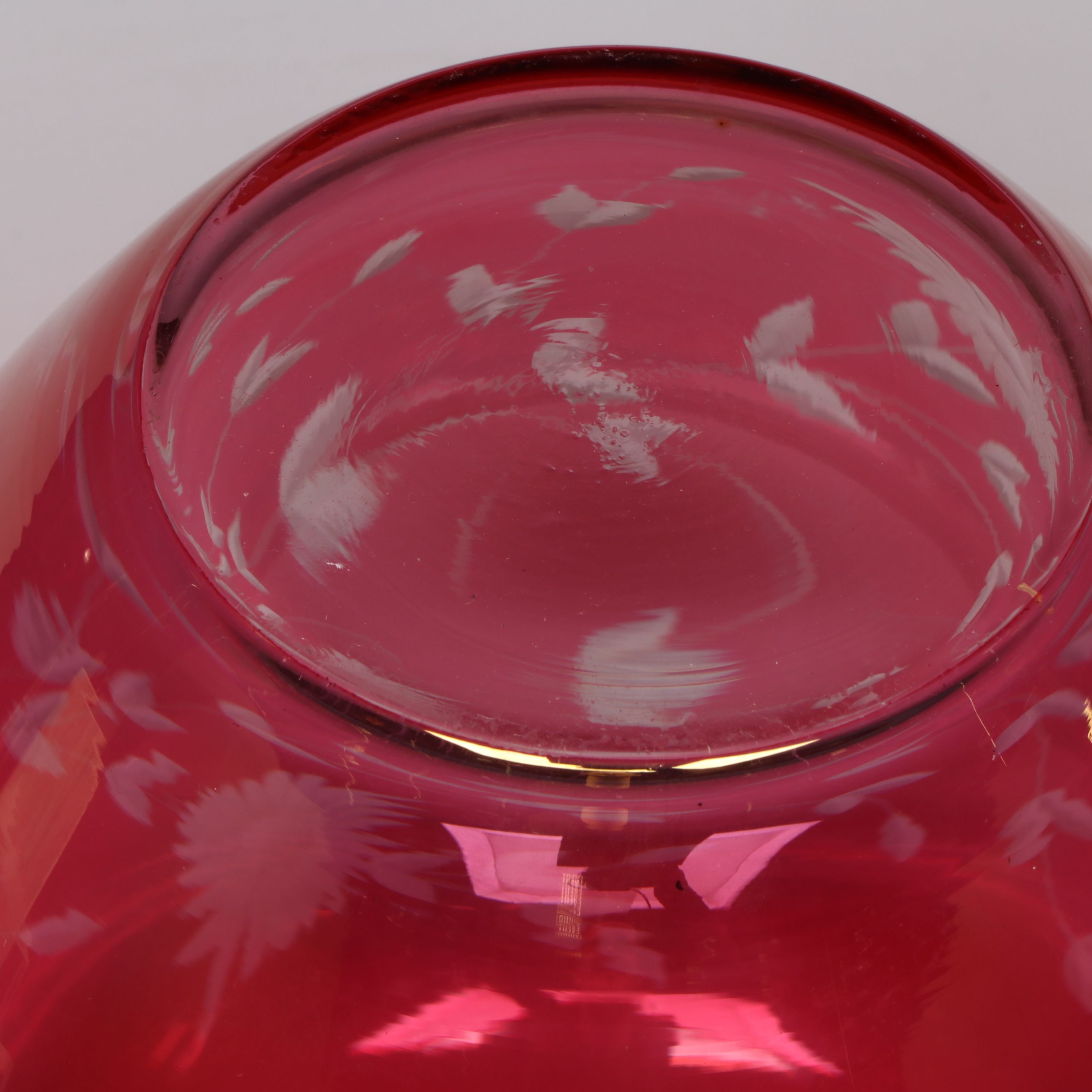 Pair of Floral Cut to Clear Cranberry Glass Ginger Jars