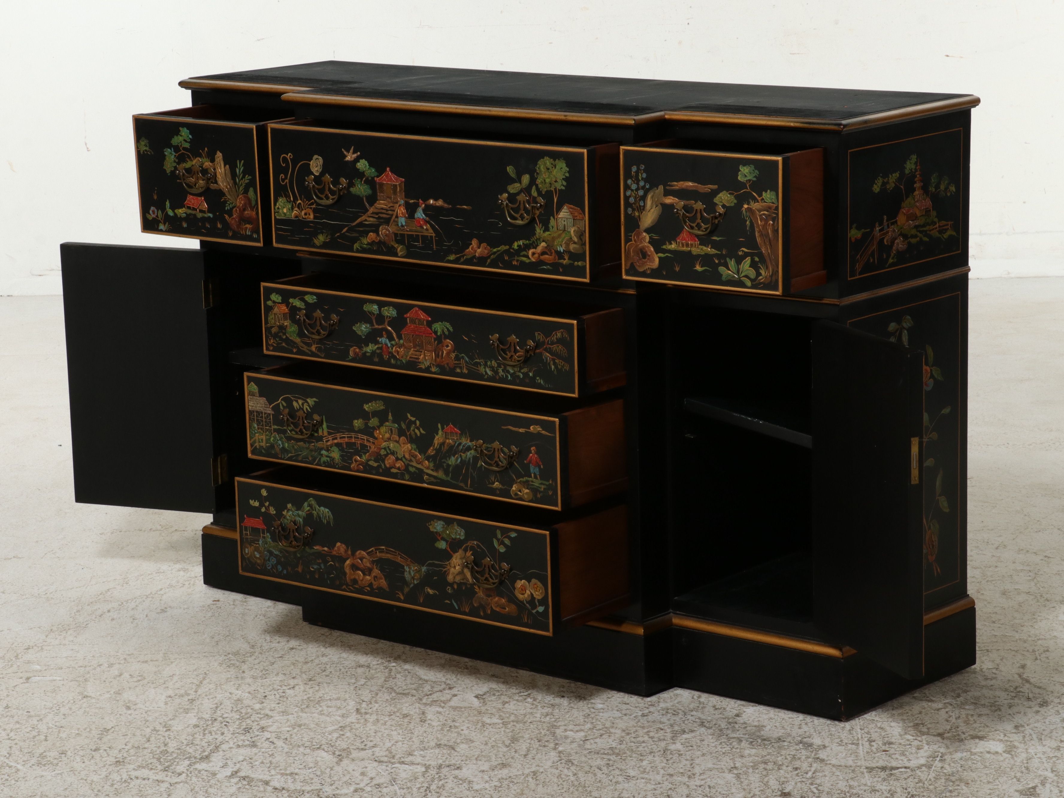 Chinese Style Lacquered Breakfront China Cabinet