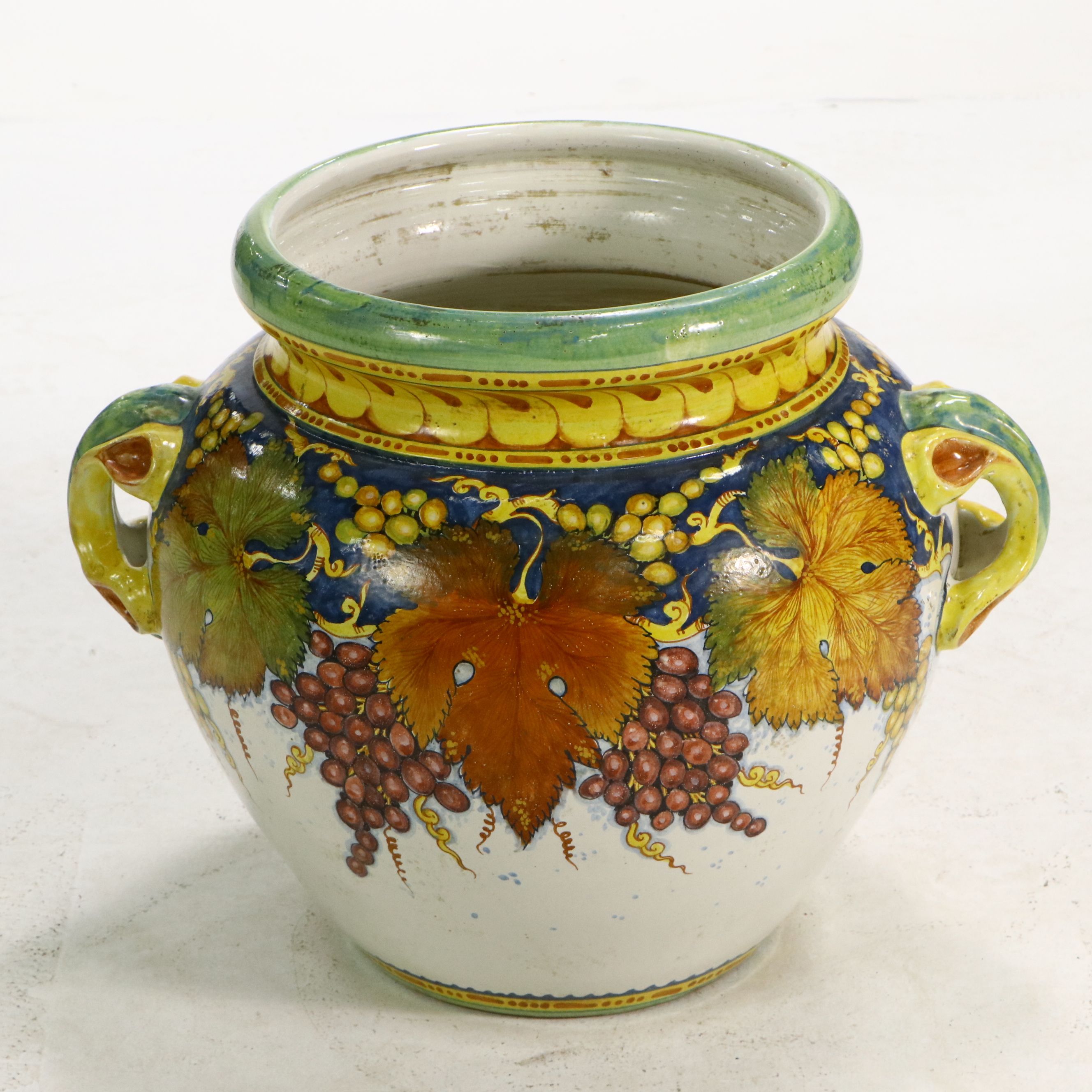 Artist Signed Hand-Painted Polychrome Lugged Ceramic Planter