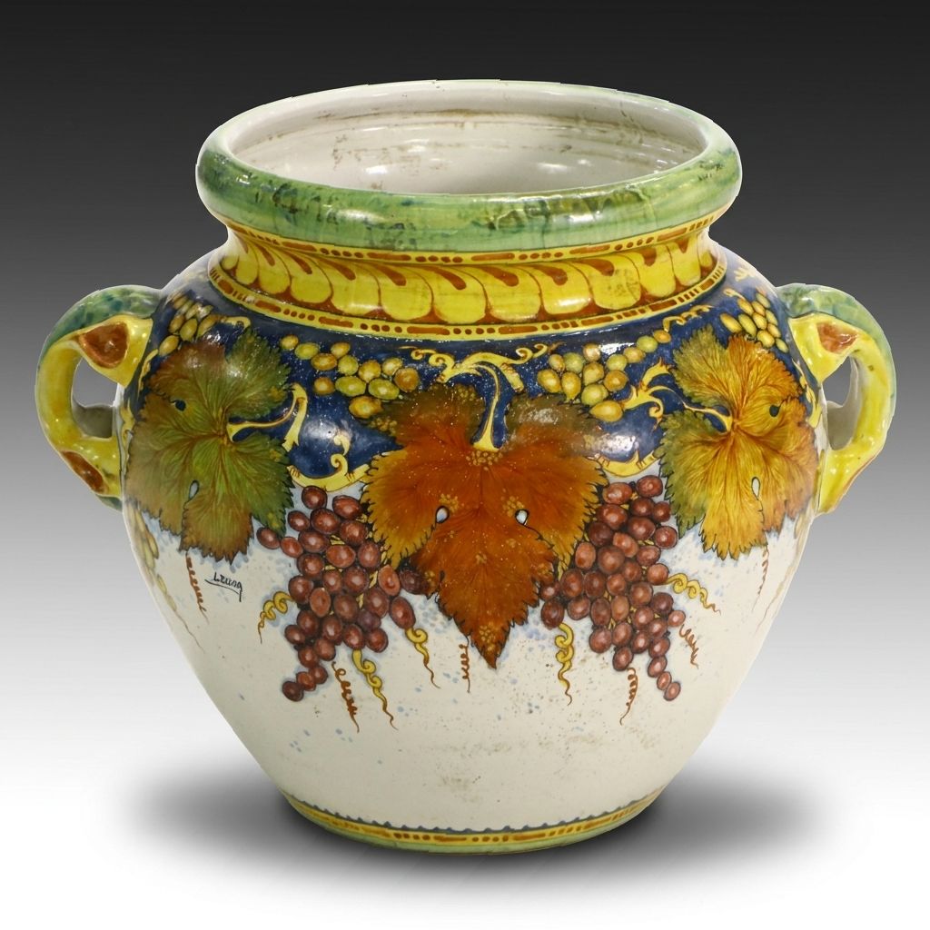 Artist Signed Hand-Painted Polychrome Lugged Ceramic Planter